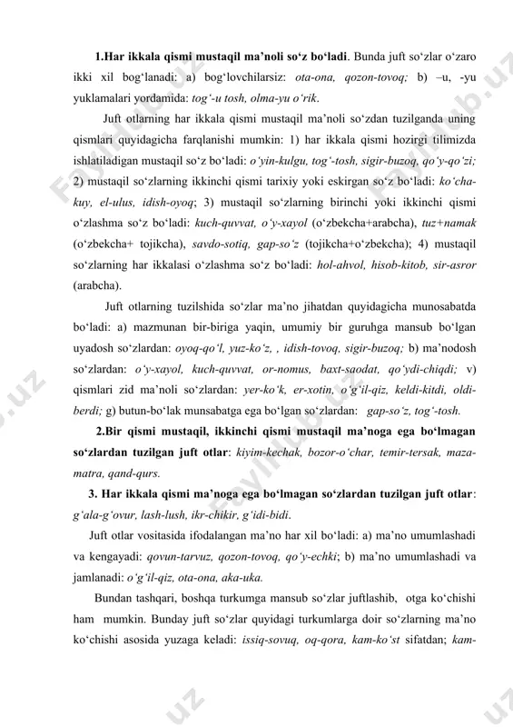 o umumlashadi va jamlanadi: o‘g‘il-qiz, ota-ona, aka-uka. bundan tashqari, boshqa turkumga mansub so‘zlar juftlashib, otga ko‘chishi ham mumkin. bunday juft so‘zlar quyidagi turkumlarga doir so‘zlarning ma’no ko‘chishi asosida yuzaga keladi: issiq-sovuq, oq-qora, kam-ko‘st sifatdan; kam-ko‘st, kam-ko‘p ravishdan; yurish-turish, yeyish-ichish, yozuv-chizuv, keldi-ketdi, bordi-keldi, ur-yiqit fe’ldan; adi-badi, qiy-chuv kabi taqlid so‘zlardan. 4-§. takroriy otlar. bir xil grammatik shakldagi so‘zlarni aynan takrorlash orqali leksik-grammatik jihatdan bir butunlikni tashkil qiluv-chi otlar takroriy otlar deyiladi. takroriy otlar ko‘plik va umumlash-tirish, ma’no kuchaytirish kabi leksik-grammatik maqsadlarni ro‘yobga chiqarishda muhim ahamiyatga ega bo‘ladi. masalan: xo‘jalikning bu yilgi daromadi yaxshi. ombor-ombor g‘alla, xirmon-xirmon paxta yetishtirib mo‘l hosil to‘plandi. og‘riq tobora zo‘rayib, uning suyak-suyagigacha zirqiratardi. takroriy otlarning maxsus takror turi ham mavjud bo‘lib, bu turdagi takror otlar mustaqil so‘z va uning fonetik soyasi qolipida tuziladi hamda gumon, umumlashtirish, jamlash kabi qo‘shimcha ma’nolarni yuzaga keltiradi: ovqat-povqat, ilon-milon, non-pon, chang-chung, choy-poy, qand-qurs. 5-§. qisqartma otlar. murakkab so‘z birikmalarini turli usullar yordamida …