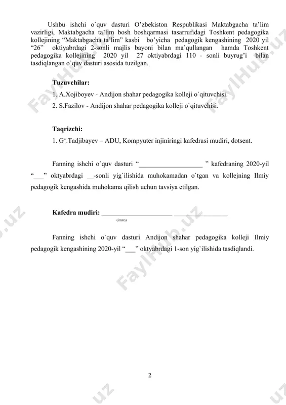 hning shakli va mazmuni. 29 v. o`quv fanining moddiy-texnik ta’minoti. 29 vi. fanning o`zlashtirish darajasini nazorati va baholash. 30 vii. tavsiya etilayotgan adabiyotlar ro`yxati. 32 “kasbiy faoliyatda axborot texnologiyalari” fani ishchi o`quv dasturiga ekspert xulosasi. 33 i. o`quv fanining maqsad va vazifalari, o`zlashtirish natijalari. inson tafakkuri nihoyatda kuchli bo‘lib, bu kuchning beqiyosligi uning yosh ligidan bilimlarni qanday va qancha o‘zlash tirish iga juda bog‘liqdir. p edagog va psixologlarimiz fikricha bola 5 yosh gacha insoniyat tajribasining 50- 60% o‘zlash tirar ekan, demak mana shu yosh gacha bolaga eng kerakli bilimlarni yoshiga mos ravishda berish bolaning kelajakda qanday inson bo‘lishiga juda katta turtki bo‘ladi. maktabgacha yoshdan bolalarda matematik bilimlarning etarli bo‘lishiga katta ahamiyat berish muhimdir. bo‘lajak kichik mutaxassislarga informatika va axborot texnologiyalarini kasbiy faoliyatida samarali foydalana oladigan darajada o‘rgatish, shu sohada mukammal to‘liq bilim berilishini ta’minlashdan iboratdir. fanni o‘rganish natijasida o‘quvchilar quyidagi bilim, ko‘nikma, malakalarga ega bo‘ladilar; - axborotni tashkil qilish va …