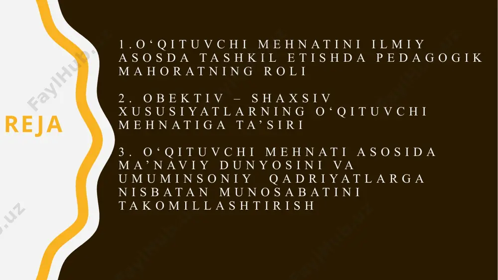 o‘llay olish san’atiga ega bo‘lishi. o‘qituvchi mehnatini ilmiy asosda tashkil etishda avvalo: - o‘z ijodiy imkoniyatlariga ishonishi; -ta’lim muassasalarida olib boriladiganta’lim -tarbiyajarayonini to‘liq tasavvur eta olishi; - har bir tarbiyalanuvchining ruhiy holatini puxta bilishi; -o‘z mehnati mexanizmini, qonuniyatlarini, cheklangan imkoniyatlarini yaxshi anglashi; -ta’lim-tarbiya jarayonida axborot kommunikatsion texnologiyalaridan unumli foydalanishni bilishi shart. o‘qituvchi mehnati ihniy jihatdan to‘g‘ri tashkil etilishida o‘quvchilar bilan olib borilayotgan faoliyatning quyidagi yo‘nalishlariga e’tibor berish lozim: -o‘qituvchi va o‘quvchilarning ikki tomonlama bir-biriga ta’siri natijalari; - o‘qituvchining o‘quvchilar jamoasi bilan ishlay olish qobiliyati; - sinf jamoasi faollari bilan olib boriladigan pedagogik faoliyatning ijobiy natijalari. o‘qituvchi mehnatini ilmiy jihatdan to‘g‘ri tashkil etish vositalari 1. mehnat faoliyatini to‘g‘ri rejalashtirish. 2. belgilangan vazifalarni tashkil etish va amalga oshirish. 3. o‘z mehnatini mnntazam boshqarish va nazorat qilish. 4. o‘z-o‘zini nazorat qilish (refleksi). ayniqsa, yosh o‘qituvchilar mehnatini ilmiy asosda to‘g‘ri tashkil etishda quyidagi boshlang‘ich yo‘nalishlar muhim ahamiyatga ega: 1 -yo‘nalish. o‘qituvchi kasbiga oid faoliyat: …