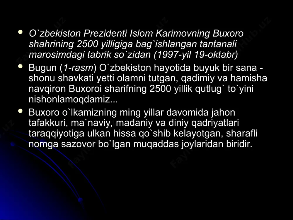 miqyosda keng nishonlandi. xiva – qadimiy madaniyat o’choqlaridan biridir. shaharda asrlar mobaynida barpo etilgan me’moriy yodgorliklar, ulardagi rang va shakllarning uyg’un va mutanosibligi ham bu yerda yashagan ajdodlarimizning teran aqlu zakovatidan guvohlik beradi. shahar necha ming yillik tarixida ko’plab bosqinchilik va vayronagarchiliklarga duchor bo’ldi. mustaqillik sharofati bilan 1997 yil 20 oktyabrda xivaning 2500 yillik yubileyi nishonlandi. yubiley munosabati bilan ko’plab me’moriy obidalar ta’mirlandi. 20 oktyabrda xivaning qutlug’ bayramiga kelgan mehmonlar – vazirlik, idora va tashkilotlar rahbarlari, diplomatik korpus va xalqaro tashkilotlar, xorijiy mamlakatlar vakillari bayramona bezatilgan ark maydonidan joy oldilar. yig’ilganlar nigohida shahar sehru sinoatidan hayrat, qalbida hayajon: guyo ular shu onlarda olis moziy bag’rida turgandek. maydonga kirib kelgan davlatimiz rahbari islom karimov tabrik nutqi so’zlab yig’ilganlarni qadimiy shahar to’yi bilan tabrikladi. o’zbekiston davlat madhiyasi yangradi. bayram mushaklarining yog’dusi ko’hna va navqiron xiva osmonini munavvar etdi. xix asr o`rtalarida xiva xoni ollohqulixon (1825 – 1842) davrida shahar atrofi yana mustahkam …