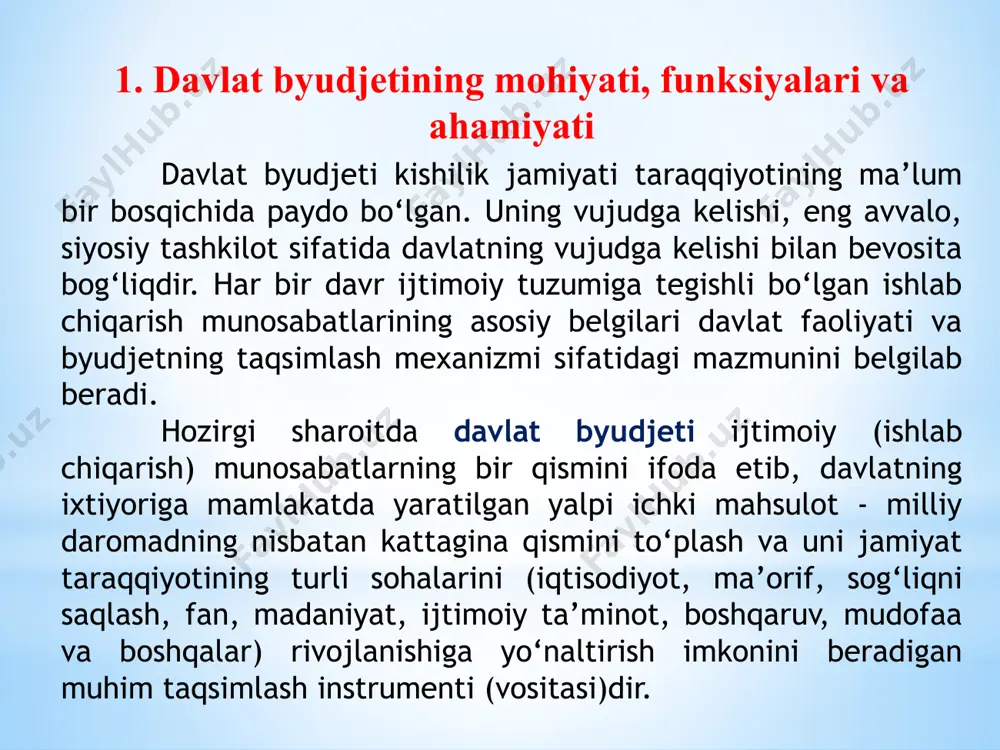 pi ichki (milliy) mahsulotni taqsimlash natijasida vujudga keladigan iqtisodiy (moliyaviy) munosabatlar (iqtisodiy kategoriya); 2) shu kategoriyaning namoyon bo‘lish shakli sifatida davlatning asosiy moliyaviy rejasi. davlat byudjetining mohiyatini ochib berishda u orqali amalga oshiriladigan taqsimlash jarayonlarining mazmunini ko‘rib chiqish alohida ahamiyat kasb etadi. yalpi ichki (milliy) mahsulotni davlat byudjeti orqali taqsimlash bir vaqtning o‘zida, o‘zaro bog‘langan va ma’lum darajada mustaqil bo‘lgan uch bosqichga egadir: 1) umumdavlat pul fondini shakllantirish (byudjet daromadlari); 2) hududiy va ma’lum maqsadlarga mo‘ljallangan ko‘p sonli byudjet fondlarini yaratish; 3)byudjet fondidan foydalanish (byudjet xarajatlari). davlat byudjeti orqali yalpi ichki (milliy) mahsulotni taq-simlashning bu bosqichlari bir vaqtning o‘zida va uzluksiz sodir bo‘lsada, bu ularning nisbatan alohidaligini ham inkor etmaydi. birinchi bosqichda yuridik va jismoniy shaxslarga tegishli pul mablag‘larining bir qismi davlatning qo‘lida to‘planishi, jamlash, olish sodir bo‘ladi. ana shu asosda mablag‘larni oluvchi sifatida davlat bilan mablag‘larni to‘lovchilar o‘rtasida moliyaviy (byudjet) munosabatlar vujudga keladi. bu munosabatlar, asosan, majburiylik (imperativlik) xarakteriga …