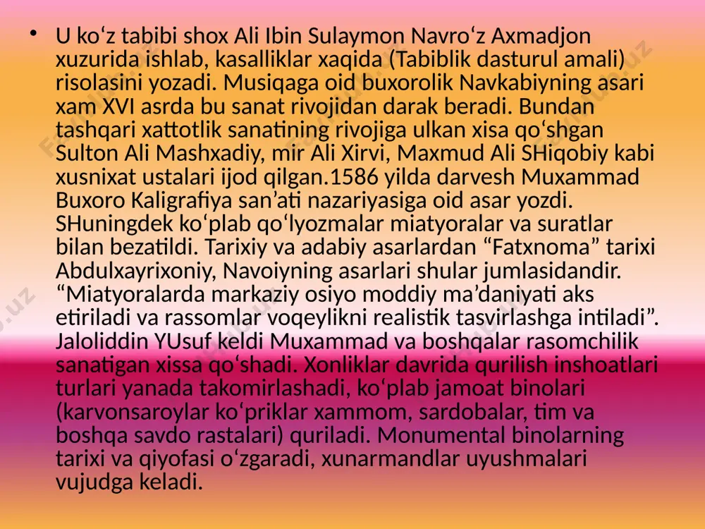 iyoni bosib olgach maxaliy axoli rus va rasiyaning boshqa xalqlar bilan aloqa o‘rnatishga sabab bo‘dgan, rus tuzim maktablar ochildi. tipografiya va litografiyaning paydo bo‘lishi madaniy xayotga katta voqea bo‘ldi. 19 asrning 80 yillarida a.s.pushkin va i.a.kiriliv asarlari ilk bor o‘zbekchaga tarjima qilindi. 1880 yilda toshkentda jamoat kutibxonasi ochildi. o‘lka tabiy boyliklarni o‘rganish ishiga rus olimlari xam qiziqa boshladi. 1870 yilda antrapalogiya va etnogrifiya xavaskorlari rus jamiyatining turkiston bo‘limi ochildi. n.a.severtso, i.v.mushketov, v.f.vechchenka, v.f.o‘maning jamiyat azolari edi. p.p.semyo‘nov tiyanshaniskiy tongritog‘ tizimlari tarkibi va tuzimi xaqida ma’dumotlar chop etildi. i.v.mushkitov va g.d.ramanoviskiy turkiston o‘lkasining yer ustki xaritasini tuzdi. i.v.mushkitov oltintemir madani ko‘mir kabi boyliklarni aniqladi. rus ma’daniyati tasirida xalq marifatparvarlari shakllandi. ular v.i.getsent, n.t.chernisheniskiylar tasirida xalq ozodligi masalasini ko‘rib chiqdilar. o‘rta asr qoloqdigini tugatish ta’lim tarbiyaning ilg‘or usullarini joriy qilishni o‘z asarlarida kuylagan furqat misol tariqasida rus maktablarini ko‘rsatdi. o‘zbekistonning ma’naviy xayotidan xam inqirozga xos vaziyat vujudga keldi. shu bilan birga respublika …