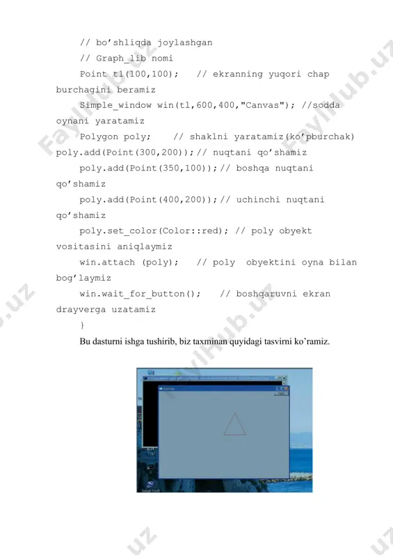 u oynani ekranga chiqarishga buyruq bermadik. buni dasturning oxirgi satri bajaradi. win.wait_for_button(); // ekran drayveriga boshqaruvni uzatamiz grafik foydalanuvchi interfeysi tizimi ekranda obyektlarni aks ettirishi uchun, biz boshqaruvni tizimga uzatdik. bu vazifani simple_window oynasida next tugmachasini bosmaguningizcha tizimni kutishga majbur qiluvchi wait_for_button() funksiyasi bajaradi. bu bizga dastur o’z ishini tugatishidan avval oynani ko’rishga imkon beradi va oyna yopiladi. qachonki siz tugmachani bossangiz dastur oynani yopib ishini tugatadi. bizning oynamiz quyigi ko’rinishda bo’ladi. bu grafikada next tugmachasi ko’rinmaydi, chunki biz uni simple_window sinfida qurdik. koordinata o’qlari. koordinata o’qlarisiz berilganlarni tasvirlab berishni iloji yo’q. shuning uchun bizga koordinata o’qlari kerak bo’ladi. axis xa(axis::x, point(20,300), 280, 10, "x axis"); // axis obyektni yaratamiz // axis sinf — shape sinfining turli ko’rinishi // axis::x gorizontal o’qni anglatadi // o’q boshi —(20,300) nuqtada // o’q uzunligi — 280 piksel 10 bo’linuvchi // "x o’qi" — o’q belgisi win.attach(xa); // xa obyektni oyna bilan bog’laymiz win …