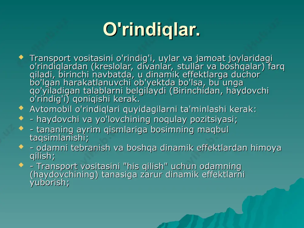 a muhokama qilingan o'rindiqning umumiy o'lchamlari, o'rindiq yostig'i va orqa o'rindiqlarining shakli va egiluvchanligi bilan ta'minlanadi. o'tirgan odamning vazniga asosiy yuk iskial tuberkulyozga, dumba nisbatan kichik joylarga to'g'ri keladi. to'plangan idrok uchun ahamiyatli bosim. nishabga qarab yostiqlar o'rindiq va uni shakllari, odam tos suyagi qarz olmoq turli xil holatiga qarab turing. 4.6-rasm. 1-rasmda a haydovchi yoki yo'lovchining tos bo'shlig'i holati ko'rsatilgan tekis o'rindiq bilan. tananing yuqori qismidagi og'irlik tosda harakat qiluvchi elkada l momentini yaratadi. bunday holda, iskial tuberkles oldinga siljiydi va umurtqa pog'onasi g'ayritabiiy ravishda egiladi. shaklda 1, b rasmda tanani oldinga siljishini oldini oluvchi "rolikli" 1 o'rindiq joylashgan biror kishining terining turli qismlariga bosimni sezish qobiliyati sezgir sezgirlik deb ataladi. bir kishi o'rindiqda to'g'ri pozitsiyani egallaganida, asosiy vertikal yuk iskial tuberkulyozlarga tushadi yoki ularning oldida biroz joylashgan. bu erda tos suyagi va kreslo suyaklari orasida faqat teri va yog 'qatlamlari mavjud (mushak tolalari yo'q). ushbu zonadagi bosim taxminan …