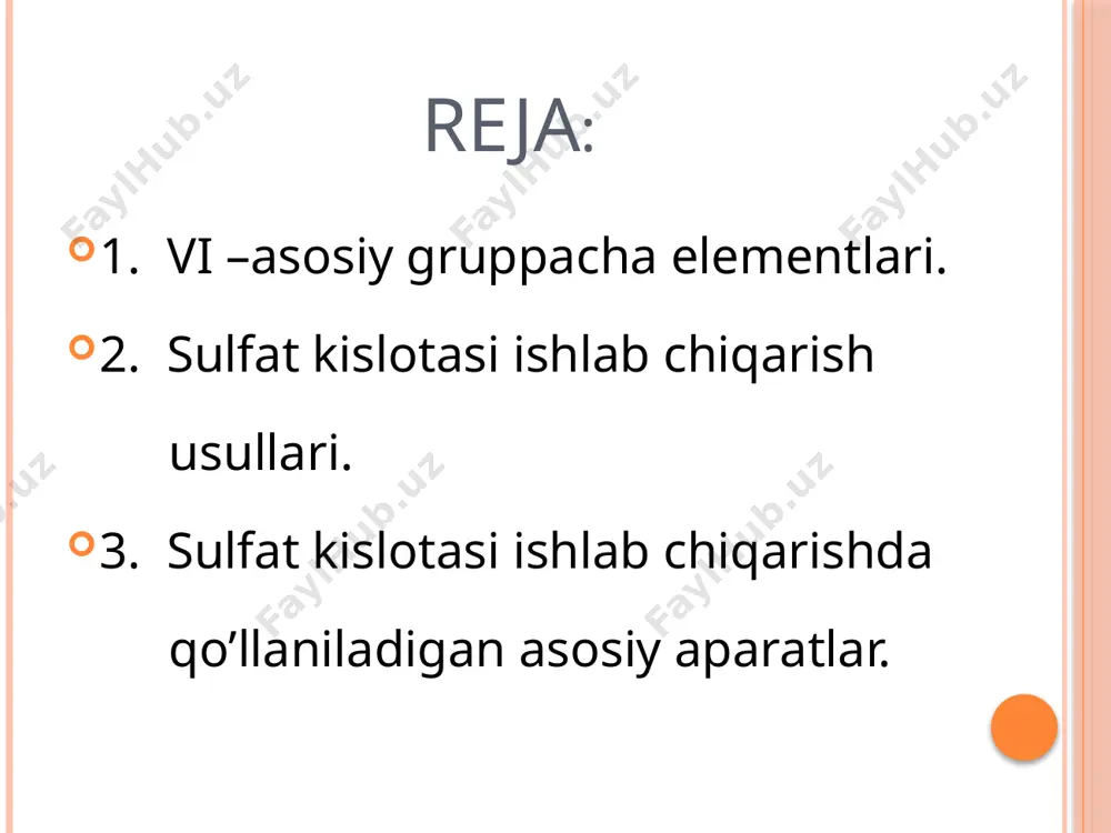 bo’ladi. o’simlik, hayvon organizmdagi oqsillar, uglevodlar, yog’lar – bularning hammasi kislorodli birikmalardir. odam gavdasining taxminan 65 %i kisloroddan iborat. yonish va nafas olish jarayonlarida havoning bir qismi ishtirok etishini qadimdagi olimlar ham aytib o’tgan edilar. olinishi.: toza kislorod dastavval 1772 yilda sheele, keyin 1774 yilda pristli ajratib olgan edilar. uni havo tarkibiga kirishini birinchi bo’lib lavuaze aniqladi va kislorod deb nom berdi. kislorodning suvdan olinishi. suv elektroliz qilinganda vodorod bilan bir qatorda kislorod ham ajralib chiqadi: 2h2o = 2h2 + o2 vodorod katodga tomon, kislorod esa anodga tomon boradi. ikki hajm vodorod yig’ilganda bir hajm kislorod chiqadi. texnikada toza vodorod va toza kislorod ana shu usul bilan olinadi. oltingugurt-1632 s oltingugurt tabiatda faqat birikmalar holidagina emas, balki tug’ma holidagi (erkin holda) ham uchraydi. tug’ma oltingugurtni vulkaniq kelib chiqish harakteriga ega deb hisoblaydilar. oltingugurt asosan tug’ma konlarida suyuqlantirib olinadi. masalan: fes2 (temir kolchedani) zns (rux aldamasi) va h2s-dan (orenburg va muborak …
