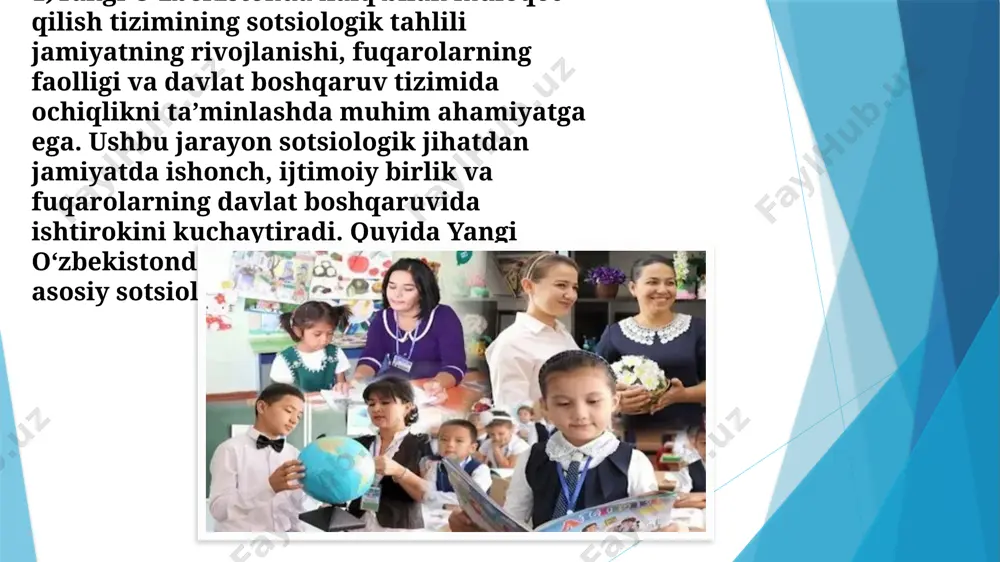 xonalari" tashkil etildi. ushbu qabulxonalar barcha viloyatlar, shahar va tumanlarda faoliyat yuritib, aholining davlatga murojaat qilish imkoniyatini kengaytiradi. fuqarolar o‘zlarining muammolari, ehtiyojlari va talablarini bevosita xalq qabulxonalariga yoki prezidentning virtual qabulxonasiga yozma ravishda yo‘llash imkoniyatiga ega bo‘lishdi. bu platformalar orqali xalqning ovozi davlat boshqaruv tizimida aks etib, fuqarolar va davlat idoralari o‘rtasidagi masofa qisqarmoqda. ochiq muloqot" tamoyili va hududlarga tashriflar prezident mirziyoyev muntazam ravishda hududlarga tashrif buyurib, xalq bilan bevosita uchrashuvlar o‘tkazadi. ushbu tashriflarda u mahalliy aholi bilan muloqot qiladi, ularning muammolari, talab va istaklarini tinglaydi. prezidentning joylarga chiqib, masalalarni joyida o‘rganishi va hal qilish uchun topshiriqlar berishi xalqning davlatga bo‘lgan ishonchini oshiradi. itimoiy, iqtisodiy va ma’naviy yangi loyihalar prezident mirziyoyevning xalq bilan muloqoti faqat muammolarni tinglash bilan cheklanmaydi. u aholining hayot sifatini yaxshilashga qaratilgan ijtimoiy, iqtisodiy va ma'naviy islohotlarni amalga oshirish tashabbuslarini qo‘llab-quvvatlaydi. ta'lim, sog‘liqni saqlash, infratuzilma, tadbirkorlik va boshqa sohalarda yangi loyihalar ishga tushirilib, bu jarayonlarda xalqning fikri …