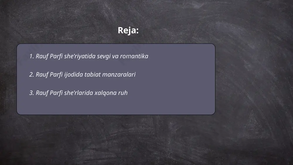 antining noyobligi xalq dardini, shodligini va orzu-umidlarini chuqur his eta olishi va ularni o'ziga xos badiiy shaklda ifoda etishida ko'rinadi. uning she'rlarida xalqning ichki tuyg'ulari, tabiiy va samimiy his-tuyg'ulari yuksak she'riy mahorat bilan tasvirlangan bo'lib, ular bugungi kunda ham o'quvchilar orasida katta qiziqish uyg'otadi. shu jihatdan, rauf parfi o'zbek she'riyatida muhim o'rin tutadi. ... t.me/slaydai_bot rauf parfi poetikasida badiiy obrazlar yaratish o'ziga xos texnikalar va uslublar orqali namoyon bo'ladi. uning asarlarida obrazlar ko'pincha tasavvur va hissiyotlar uyg'unligida gavdalanadi. parfi zamonaviy o'zbek poeziyasida abstraktsiyaga oid jihatlar va simbolik obrazlarni rivojlantirgan. she'rlarida tabiat manzaralari, inson kechinmalari va mistik elementlar bir-birini to'ldiradi. 1980-yillarda yozilgan asarlarida tarixiy va milliy mavzudagi obrazlar ham ko'zga tashlanadi. uning she'rlari o'qigan kitobxonning tafakkurini boyitadi, ularni chuqur qiyoslash va mulohaza qilishga undaydi. rauf parfi tadqiqotlarida obrazlar tizimini o'rganish muhimdir, chunki ular o'zbek adabiyotida yangi usullarni yoritgan. ... t.me/slaydai_bot rauf parfi o'zbek adabiyotining muhim vakillaridan biri hisoblanadi. uning asarlarida inson …