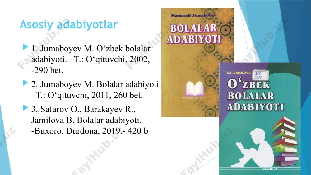 esa boshlang’ich sinf o’qituvchilari va mustaqil o’zlari o’qib o’rganadilar. bu yoshdagi bolalar ko’proq tevarak atrofdagi turli voqea hodisalarga qiziqadilar. endi ular mustaqil ravishda sehrli ertak, fantastik ertak, sarguzasht, hikoya va dostonlarni sevib o’qiydilar. “zumrad va qimmat” ertagi, olloyorning “fazogir chumoli”, anvar obidjonning “dahshatli meshpolvon”, q.muhammadiyning “erkinjon oyga chiqibdi” kabi asarlari shu yoshdagi bolalarga mo’ljallab yozilgan. o’rta va katta yoshdagi bolalar kitobxonligi. bu yoshdagi bolalar o’zlari mustaqil ravishda kitob o’qib, o’qigan kitoblari qahramonlarining hatti-harakatlarini baholashga o’rganadilar va ular harakatlarini takrrlaga hozirlanadilar.bu yoshdagi bolalarga o’tmish va kelajak haqidagi asarlarni o’qish tavsiya etiladi.shiroq, tumaris, kabi afsonalar bilan bir qatorda oybek, g’.g’ulom, zafar diyor, q.muhammadiy, anvar obidjon, t.adashboev va boshqa ijodkorlarning zamonaviy mavzudagi eng yaxshi sara asarlari muhim tarbiyaviy ahamiyat kasb etadi. sharq mutafakkirlari al-xorazmiy, al-farg’oniy, ahmad yugnakiy, al-buxoriy, farobiy, beruniy, yassaviy, navoiy, bobur kabilarning pand-nasihat ruhidagi yozilgan asarlari bolalar dunyoqarashini shakllantirishda ijobiy ta‘sir ko’rsatadi. bu yoshdagi bolalar kutubxonalardan mustaqil ravishda o’zlariga ma‘qul ertak, …
