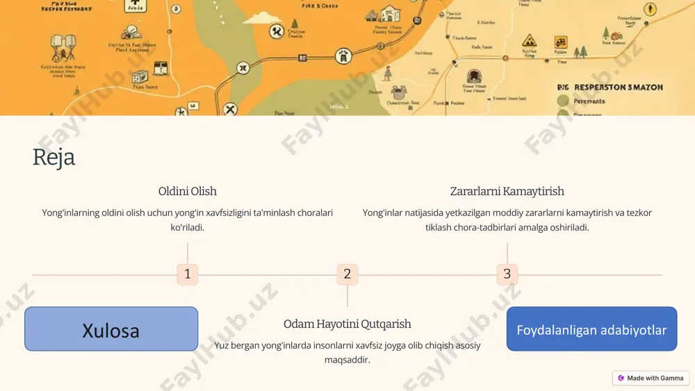 lodda vaziyatlardan qutqarish vazifalari. 6 yoshlar uchun xavfsizlik chora-tadbirlari ma'lumot tarqatish maktablarda va jamoa markazlarida yong'in xavfsizligi to'g'risida ma'lumot tarqatish. tayyorgarlik o'quvi yoshlarni favqulodda vaziyatlarda to'g'ri harakat qilish ko'nikmalarini rivojlantirish. xavfsizlik nazorati yoshlar yashash va ta'lim olish joylarida yong'in xavfsizligi normalarini nazorat qilish. 7 xizmat faoliyatini monitoring qilish yong'inlar soni qutqarish amaliyotlari xarajatlar javob vaqti 850 725 $15 mln 5 daqiqa 8 xizmatning vazifalarini bajarishda mamlakatlar hamkorligi texnologiya almashuvi yong'in o'chirish uskunalarini, texnologiyalarini va harakatlari bo'yicha yaxshi amaliyotlarni almashish. o'quv markazlari xodimlarni tayyorlash va malakasini oshirish uchun xalqaro o'quv markazlari tashkil etish. favqulodda vaziyatlarda javob berish yirik yong'inlar va ofatlar paytida xalqaro hamkorlik va yordamni talab qilish. 9 foydalanilgan adabiyotlar 1 qonunchilik hujjatlari yong'in xavfsizligi bo'yicha qonun va me'yoriy hujjatlar. 2 uslubiy qo'llanmalar yong'in va favqulodda vaziyatlarga doir amaliy qo'llanmalar. 3 ilmiy maqolalar yong'in xavfsizligi sohasidagi ilmiy tadqiqotlar va tahlillar. 10 image1.png image2.png image3.png image4.png image5.png image6.png image7.png image8.png image9.png …