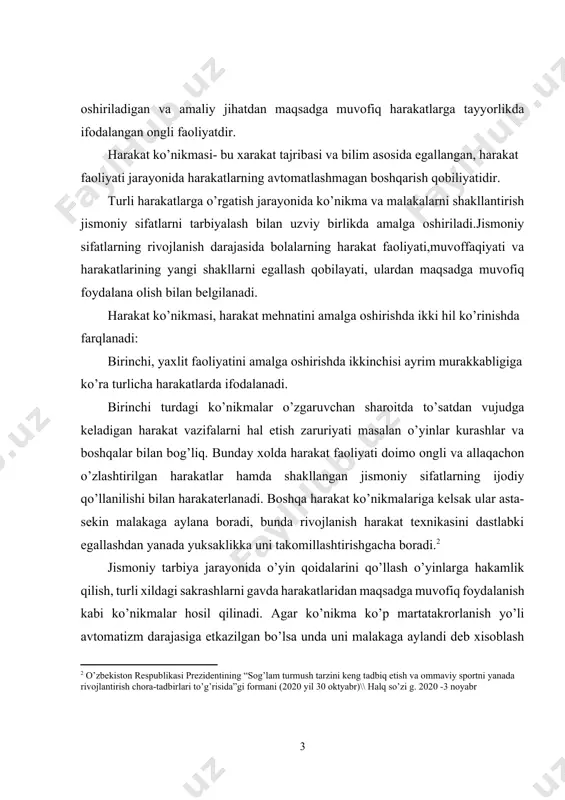 . 2020 -3 noyabr] jismoniy tarbiya jarayonida o’yin qoidalarini qo’llash o’yinlarga hakamlik qilish, turli xildagi sakrashlarni gavda harakatlaridan maqsadga muvofiq foydalanish kabi ko’nikmalar hosil qilinadi. agar ko’nikma ko’p martatakrorlanish yo’li avtomatizm darajasiga etkazilgan bo’lsa unda uni malakaga aylandi deb xisoblash mumkin. harakat malakasi-bu harakatlarning avtomatlashgan boshqarish shaklini tushunamiz. bunda harakatlarni bajarish o’zining juda ishonchligiga bilan ajralib turadi. harakat malakasi o’rgatish natijasida yoki hayot tajribasi natijasida shakllanadi. malaka-avtomatlashgan, o’rganib qolingan muayyan usul bilan bexato bajariladigan harakatlardir. malakalar har xil bo’ladi: o’quv malakalari o’qish, yozish, og’zaki xisoblash va boshqalar; mehnat malakalari arra yoki boltani ishlata bilish, materiallar va mashinalar bilan muomilada bo’lish va hokoza; harakat malakalari:- yurish yugurish, uloqtirish, sakrash va boshqalar. malaka ham ko’nikma kabi egallangan bilimlar asosida hosil qilinadi.ta’limda esa bilim etakchi rol o’ynaydi. harakat malakasi qanday bo’lishidan qat’iy nazar u juda oddiymi yoki murakkabmi harakat elementlarining kompleksi shartli reflekslardan iborat bo’ladi. kishilarning mehnat yoki sport faoliyatida harakatlarning elementlari ma’lum …