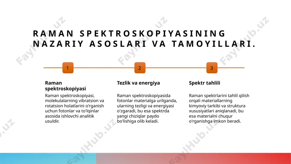 ometrlarida yuqori aniqlik va tezlik bilan ma'lumotlarni to'plash imkoniyati mavjud. bu asboblar tahlil jarayonini soddalashtiradi va samaradorligini oshiradi. 3 ma'lumotlarni tahlil - dasturiy ta'minot yordamida raman spektrlaridagi ma'lumotlarni avtomatik tahlil qilish mumkin. bu jarayon, inson xatosini kamaytiradi va natijalarni tezroq olishni ta'minlaydi. 4 innovatsion yondashuvlar - zamonaviy ilmiy tadqiqotlar uchun innovatsion dasturiy ta'minotlar ishlab chiqilmoqda. ular, spektrlarni yanada chuqur tahlil qilish imkonini berib, yangi ma'lumotlarni kashf etadi. raman spektroskopiyasi yordamida materiallar strukturasini o'rganish. 01 raman spektroskopiyasi raman spektroskopiyasi, materiallarning molekulyar tuzilishini o'rganish uchun ishlatiladigan kuchli bir usul bo'lib, vibratsion harakatlarni aniqlashga imkon beradi. 02 strukturaviy ma'lumotlar raman spektrlari, materiallarning kristall tuzilishi, molekulyar simmetriya va boshqa struktural xususiyatlar haqida muhim ma'lumotlar beradi. 03 materiallar tahlili bu usul yordamida, turli materiallar, masalan, polimerlar, metallar va keramika kabi, ularning strukturasini aniqlash va tahlil qilish mumkin. 04 ilovalar va tadqiqotlar zamonaviy tadqiqotlarda raman spektroskopiyasi, nanomateriallar va biomateriallarning strukturasini o'rganishda keng qo'llaniladi, ilmiy natijalar taqdim …