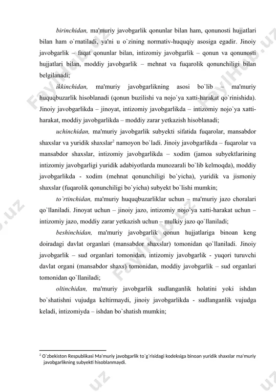 atlarga ega. masalan, davlat va jamoat tartibi va xavfsizligi; tabiatni muhofaza qilish; mulkchilik; standartlashtirish; statistika va hisob-kitob; harakatlanish xavfsizligi va transport vositalaridan foydalanish; harbiy ro`yxat; chegara tartibi; kontrabandaga qarshi kurash; valuta muomalasi va boshqa qoidalar. umummajburiy qoidalar turli vakolatli ijro hokimiyati organlari tomonidan o`rnatiladi. ma'muriy javobgarlik, odatda, ma'muriy-huquqiy normalarning talablari buzilgan taqdirda vujudga keladi. shu bilan birga, amaldagi qonunchilik, ma'muriy javobgarlikning mehnat, moliya, yer, hatto konstitutsiyaviy huquq normalarining buzilishi uchun ham qo`llanilishi mumkinligini ko`rsatadi. bu o`z navbatida, ma'muriy javobgarlikning sohalararo ahamiyatga ega ekanligidan dalolat beradi. o`zbekiston respublikasida ma'muriy javobgarlik masalalari huquqshunos olimlar alimov x.r., stasko v.n., li a.a., xvan l.b. va boshqalarning ishlarida tadqiq qilingan. jumladan, alimov x.r.ning ko`rsatishicha, ma'muriy javobgarlik – ommaviy-huquqiy tabiatga ega bo`lib, davlat oldidagi javobgarlik hisoblanadi. bu - xizmat bo`yicha bo`ysinmagan, aybdorlarga nisbatan davlat organlari tomonidan qo`llaniladigan davlat oldidagi javobgarlikdir. odatda, javobgarlik turlari deganda, uning tarkibiy tuzilishiga kiruvchi jazo choralari nazarda tutiladi. lekin bu ikkala “javobgarlik” …