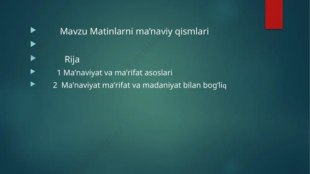 adi. vatanni sevish, vatanparvarlik inson maʼnaviyatini belgilovchi asosiy omillardan biridir maʼnaviyat kamol topgan jamiyatlarda qobiliyat, isteʼdod egalari shu jamiyatning, millatning yuzi, gʻururi, obroʻ-eʼtibori hisoblanadi. maʼnaviyatli jamiyatda aql, sogʻlom fikr, adolat va yaxshi xulq ustuvordir. bunday jamiyatda xalqning ertangi kunga ishonchi kuchli boʻladi, odamga nomunosib turli illatlar barham topadi. millatning asrlar davomida shakllangan ildizlari, uning tarixiy tajribalari va ijtimoiymadaniy rivojlanishisiz maʼnaviyatni tasavvur qilish qiyin. „maʼnaviyat — insonning, xalqning, jamiyatning, davlatning kuch-qudratidir. u yoʻq joyda hech qachon baxt-saodat boʻlmaydi“, degan edi oʻzbekistonning ilk prezidenti shu sababli oʻzbekistonda maʼnaviyatni yuksaltirish, xalqni maʼnaviyatli qilish davlat siyosati darajasiga koʻtarilgan. mustaqillik tufayli oʻzbek xalqining koʻp asrlik boy tarixiy, ilmiy, madaniy va diniy merosini oʻrganish, undan xalqning umumiy va bebaho mulki sifatida foydalanishga keng yoʻl ochildi. maʼnaviyatimiz „avesto“ va zardushtiylik taʼlimotidan boshlab hozirgi kungacha shakllanib, boyib, umuminsoniy qadriyatlar bilan yonma-yon rivojlanib bormoqda oʻzbekistonda maʼnaviyat va maʼrifatni koʻtarish, targʻib qilish, boyitish, aholining keng doirasiga yoyish maqsadida respublika maʼnaviyat …
