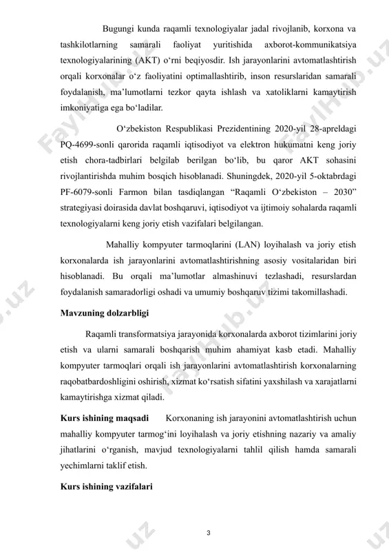boshqa periferiya qurilmalari (printerlar, disk kontrollerlari va boshqalar) ning bog`lanishini ta`minlaydigan va ularga umumiy disk xotirasidan, periferiya qurilmalaridan birgalikda foydalanishga, ma`lumotlar bilan almashishga imkon beradigan apparat vositalari va algoritmlar to`plamidir. hozirgi vaqtda axborot-hisoblash tizimlarini 3 ta asosiy tipga bo`lish qabul qilingan (5- rasm): 1. lan (losal area network) - korxona, muassasa, bir tashkilot doirasidagi mahalliy tarmoq; 2. man (metropolitan area network) - shahar yoki mintaqaviy tarmoq, ya`ni shahar, viloyat va shu kabilar doirasidagi tarmoq(7-rasm); 3. wan (wide area network) - mamlakat, qit`a, butun dunyo abonentlarini bog`lovchi global tarmoq(8-rasm). juda keng tarqalgan wi-fi deb nomlanuvchi ieee 802.11 deb nomlangan simsiz tarmoq standarti mavjud. lokal tarmoqni simsiz va simli ko`rinishi quyidagi 6-rasmda ko`rsatilgan. 1.2. mahalliy tarmoq arxitekturasi, uskunalari va protokollari komp’yuterlarni tarmoqqa ulash jarayonida juda ko‘p operasiyalar amalga oshiriladi, ya’ni komp’yuterdan komp’yuterga axborotlarni uzatilishi to‘liq ta’minlanadi. qandaydir ilovalar bilan ish olib borayotgan foydalanuvchiga nima qanday amalga oshirilayotganligining farqi yo‘q albatta. uning uchun …