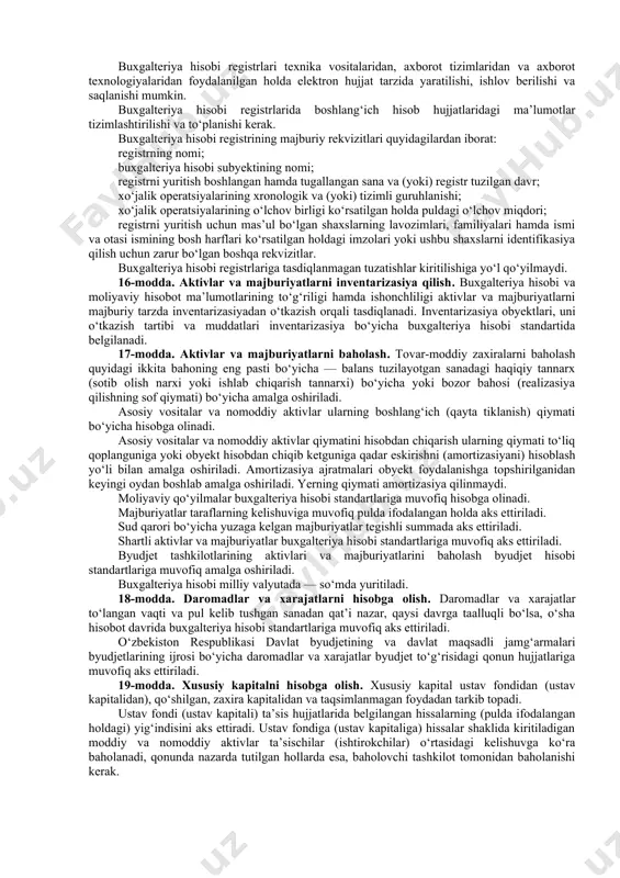 zifalarini amalga oshiruvchi boshqa mansabdor shaxs buxgalteriya hisobi xizmatining rahbaridir. buxgalteriya hisobi xizmatining rahbari bevosita buxgalteriya hisobi subyektining rahbariga bo‘ysunadi. buxgalteriya hisobi xizmati rahbarining xo‘jalik operatsiyalarini hujjatlar asosida rasmiylashtirish va ularni buxgalteriya hisobi xizmatiga taqdim etish bo‘yicha talablari buxgalteriya hisobi subyektining barcha xodimlari uchun majburiydir. buxgalteriya hisobi subyektining rahbari va buxgalteriya hisobi xizmatining rahbari o‘rtasida ayrim xo‘jalik operatsiyalarini amalga oshirishga doir kelishmovchiliklar yuzaga kelgan taqdirda, ular bo‘yicha hujjatlar operatsiyalar amalga oshirilishining oqibatlari uchun shaxsan javobgar bo‘lgan buxgalteriya hisobi subyekti rahbarining yozma farmoyishi bilan ijroga qabul qilinishi mumkin. majburiy auditorlik tekshiruvidan o‘tishi lozim bo‘lgan buxgalteriya hisobi subyektining (banklar va boshqa kredit tashkilotlari bundan mustasno) buxgalteriya hisobi xizmati rahbari quyidagi talablarga javob berishi kerak: oliy ma’lumotga ega bo‘lish; oliy iqtisodiy ma’lumotga ega bo‘lgan taqdirda, oxirgi besh kalendar yildan kamida uch yili, noiqtisodiy oliy ma’lumotga ega bo‘lgan taqdirda esa, oxirgi o‘n kalendar yildan kamida yetti yili buxgalteriya hisobini yuritish yoki moliyaviy hisobotni tuzish …