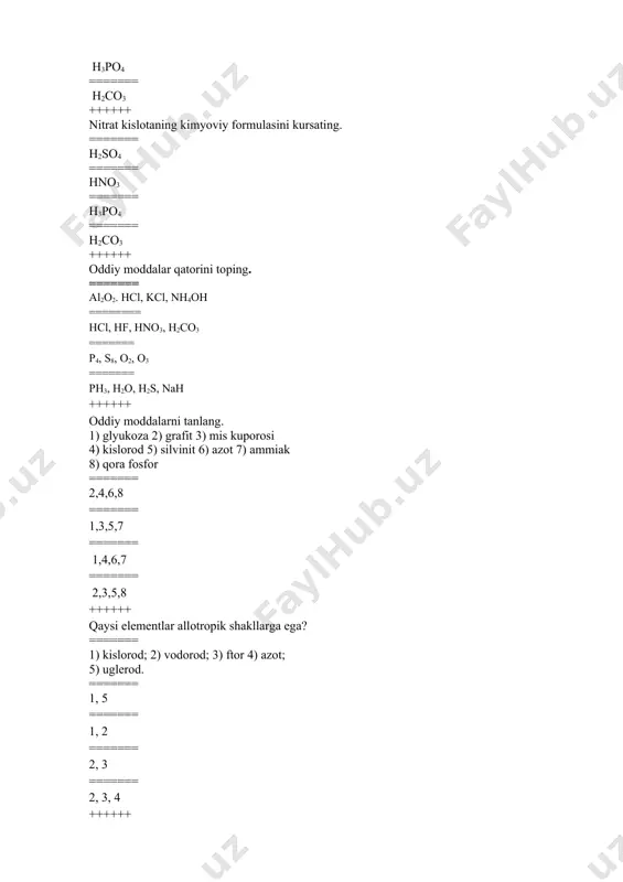 i bilan muvozanatni siljitish mumkin; ======= barchasi to‘g‘ri ++++++ eritmaning konsentrasiyasi nimalarga bog‘liq? ======= moddaning massa ulushiga ======= moddaning suvda eruvchanligiga; ======= temperaturaga; ======= barcha javob to‘g‘ri ++++++ qanday eritmalar bo‘ladi? ======= to‘yinmagan; ======= to‘yingan; ======= o‘ta to‘iygan; ======= barcha javob to‘g‘ri ++++++ qanday eritmalar bo‘ladi? ======= to‘yinmagan; ======= to‘yingan; ======= o‘ta to‘iynga; ======= barcha javob to‘g‘ri ++++++ eritma quyidagi maqsadlarda ishlatiladi: ======= ichiladi; ======= shifoxonalarda; ======= uyda; ======= barcha javob to‘gri ++++++ eritmalari yoki suyuqlanmalari elektr tokini otkazmaydigan moddalar ........deyiladi ======= elektrolitlar; ======= noelektrolitlar; ======= murakkab moddalar; ======= kislotalar ++++++ eritmalari yoki suyuqlanmalari elektr tokini otkazadigan moddalar ........deyiladi ======= elektrolitlar; ======= noelektrolitlar; ======= murakkab moddalar; ======= kislotalar ++++++ elektrolitik dissosilanish nazariyasi asoschisini ko`rsating? ======= ya.x vant – goff ======= p. vaage ======= s.arrenius ======= j. nyulends. ++++++ vodorodning kimyoviy formulasi? ======= h2 ======= o2 ======= s ======= j ++++++ davriy sistemada nechta element bor? ======= 110 ======= 98 ======= …