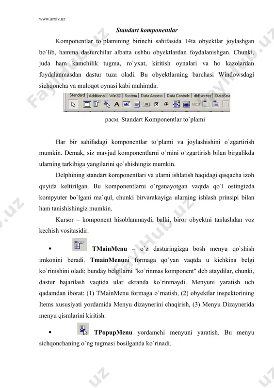 lish vaqtida foydalanuvchiga o`z matnini kiritish imkonini beradi. · tmemo – teditning boshqacha ko`rinishi. katta mantlar bilan ishlashni ko`zda tutadi. tmemo matn qismlarini qatordan qatorga ko`chirishi, buferda saqlashi, oxirgi amallardan voz kechishi, umuman olganda oddiy muxarrir amallarini bajara oladi. tmemo 32kb matn hajmi bilan chegaralanadi, bu taxminan 10-20 sahifa matnga tengdir. · tbutton dastur bajarilash vaqtida tugma bosilishi bilan biror amal bajarilishini ko`zda tutadi. delphida hamma narsa oddiy. tbuttonni formga ko`yib, unga ikki marta sichqon tugmasini bossak, biz dastur matni muharririda tugma bosilish holatiga dastur tuzimiz mumkin bo`lgan oynaga o`tamiz. endi dastur matnini bajariladigan buyruqlar kodi bilan to`ldirish kerak. masalan: procedure tform1.button1click(sender: tobject); begin messagedlg(`ишларингиз яхшими?`,mtconfirmation,mbyesnocancel,0); end; · tcheckbox chap tomonida kichkina darchasi bo`lgan matn satrini akslantiradi. darchaga uning belgilanganligini bildiruvchi belgi quyish mumkin. masalan, worddagi pechat muloqot oynasining pechat v fayl bo`limida aynan shu obyekt ishlatilgan. · tradiobutton bir nechta holatlardan birini tanlash imkonini beradi. masalan, worddagi pechat muloqot …