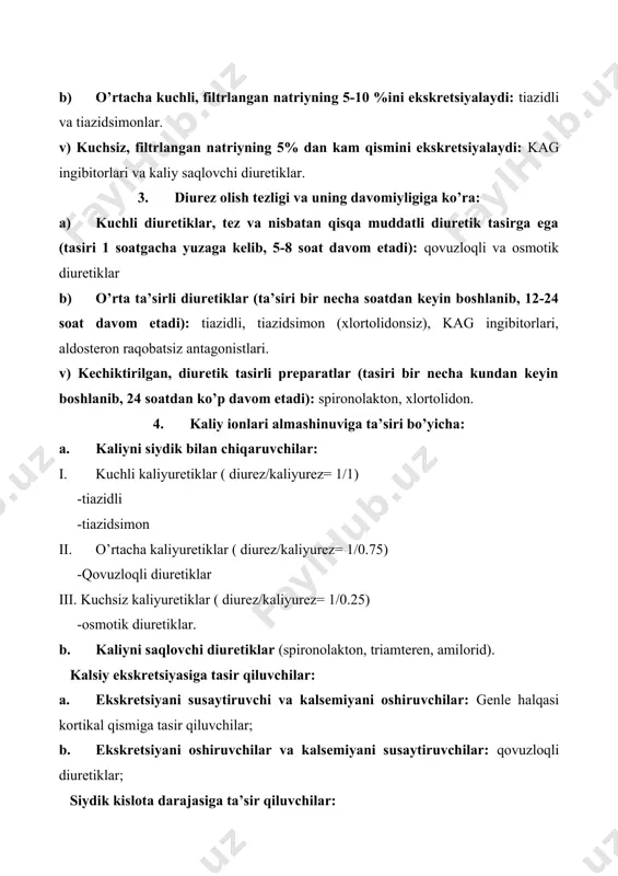 yasi pasayadi. qaytar - oqimga qarshi sistema buzilishi natijasida buyraklarda va xususan miya qatlamida qon aylanish yaxshilanadi. qon bilan undan na+ va mochevina yuviladi natijada miya moddasi osmolyalligi pasayadi. bu esa genle qovuzlog’i ko’tariluvchi qismi ingichka segmentida suv reabsorbsiyasi kamayishiga olib keladi, natijada genle qovuzlog’i ko’tariluvchi qismi ingichka segmentiga keluvchi suyuqlik tarkibida na+ konsentratsiyasi kamayadi. shu asnoda na+ passiv reabsorbsiyasi tormozlanadi (diuretik faza). ionlar ekskretsiyasiga tasiri. osmotik diuretiklar deyarli barcha ionlarning buyrakda ekskretsiyasini oshiradi: natriy, kaliy, kalsiy, magniy, xlor , gidrokarbonat va boshqalar. asosiy buyrak ichi funksional ko‘rsatkichlariga ta’siri. osmotik diuretiklar buyrak qon oqimini va biroz koptokcha filtratsiya tezligini oshiradi. farmakokinetika. osmotik diuretiklar vena ichiga kiritiladi va biosinguvchanligi 100%. ta’siri 15-20 minutdan keyin boshlanadi. t1/2 i 1-3 soat, metabolizmga uchramaydi. o’zgarmagan holda buyraklar orqali chiqariladi. mannit eliminatsiyasi yosh bolalarda (3-4 oylikkacha) katta yoshdagilarga nisbatan sekinroq bo’ladi. yosh bolalarda mannitning “qurituvchi” ta’siri yaqqolroq namoyon bo’ladi va uzoq davom etadi. ko‘rsatmalar: - …