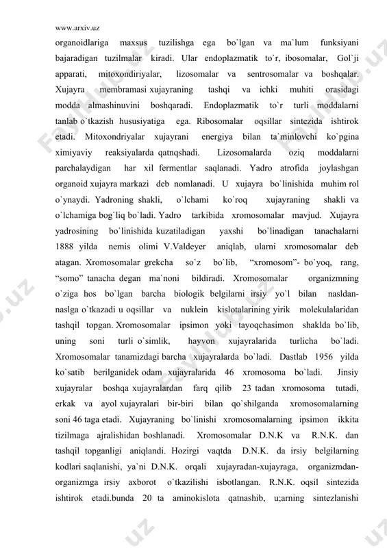 an tashqil topganligi aniqlandi. hozirgi vaqtda d.n.k. da irsiy belgilarning kodlari saqlanishi, ya`ni d.n.k. orqali xujayradan-xujayraga, organizmdan- organizmga irsiy axborot o`tkazilishi isbotlangan. r.n.k. oqsil sintezida ishtirok etadi.bunda 20 ta aminokislota qatnashib, u;arning sintezlanishi 1,5 daqiqa davom etadi. xromosomalarda yanada maydaroq zarralar, ya`ni oqsil sintezini belgilab beradigan genlar bor. gen irsiyat birligidir. genetika fanining eng katta yutig`i d.n.k. molekulasidan gen ajratib olindi va sintez qilindi. gen bir-biriga yaqin bo`lsa, ular belgilab beradigan belgilarning naslda namoyon bo`lishi ehtimoli shuncha katta bo`ladi. odamning jinsiy xujayralarida xromosomalar 23 ta bo`lib, diploid soni ta, ya`ni 22 ta juft autosoma(jinnsiz xromosomani) va ikkita jinsiy xromosomani o`z ichiga oladi. jinsiy xromosomaar qiz xujayralarda “xx”, erkak xujayralarda esa “xy” deb belgilanadi. tirik organism ko`payish orqali o`ziga o`hshahs organizmlarni hosil qiladi. 1871 yilda talaba gamm va levenguk erkak jinsiy suyuqligida- spermatozoidlarni topdi. bu so`z urug`lik jonivor degan ma`noni anglatadi. urg`ochi jinsiy xujayalar taraqqiyoti ovolyatsiya deyiladi. erkak va qiz xujayralarining …