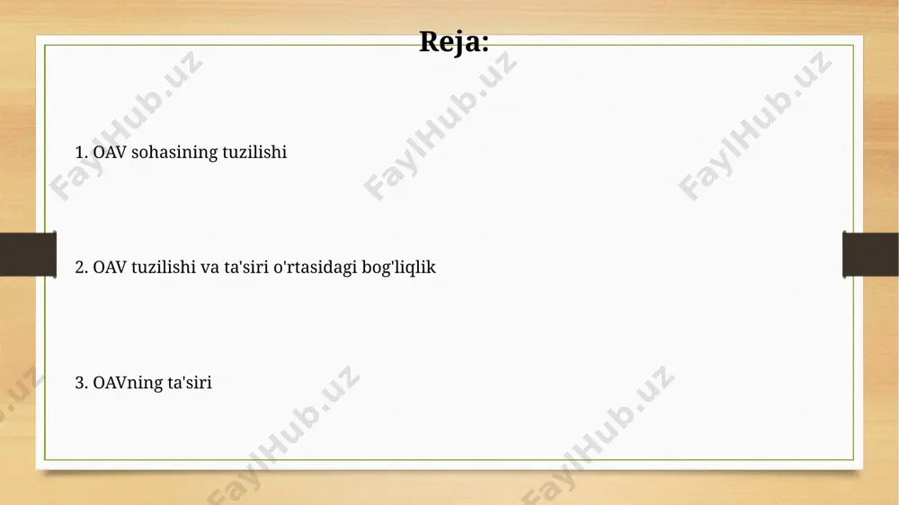 rga ega bo'lib, milliy qadriyatlar va g'oyalarni shakllantirishda muhim rol o'ynaydi. oavning madaniy ta'siri 1990-yillardan keyin o'zbekistonda globalizatsiya jarayonlari bilan birga keskin o'zgarib, 30 dan ortiq telekanallar va minglab onlayn platformalar orqali milliy va jahon madaniyatining o'zaro ta'sirini kuchaytirdi. oav sohasining tuzilishi oav sohasining tuzilishi 3 darajali boʻlishi mumkin: milliy, mintaqaviy (masalan, samarqand viloyati) va mahalliy (shahar yoki tuman) darajalarida, har biri oʻziga xos funksiyalar va resurslarga ega. oav sohasida 5000 dan ortiq xodimlar faoliyat yuritadi, ularning 30% ga yaqini jurnalistlar, qolganlari esa texnik xodimlar, menedjerlar va boshqa mutaxassislardir. internet va ijtimoiy tarmoqlarning ta'siri интернет ва ижтимоий тармоқларнинг таъсири туфайли, ўзбекистондаги 50 дан ортиқ онлайн медиа платформалар пайдо бўлиб, ахборот олишга янги имкониятлар яратди, аммо бу билан бир қаторда дезинформация хавфи ҳам кучайди. facebook, instagram ва telegram каби ижтимоий тармоқлар орқали 2022 йилда тошкент шаҳрида 1000 дан ортиқ воқеа-ҳодисалар, жумладан, намойишлар ва жамоатчилик муҳокамалари онлайн тарзда ёритилди. oavning axborot ta'siri …