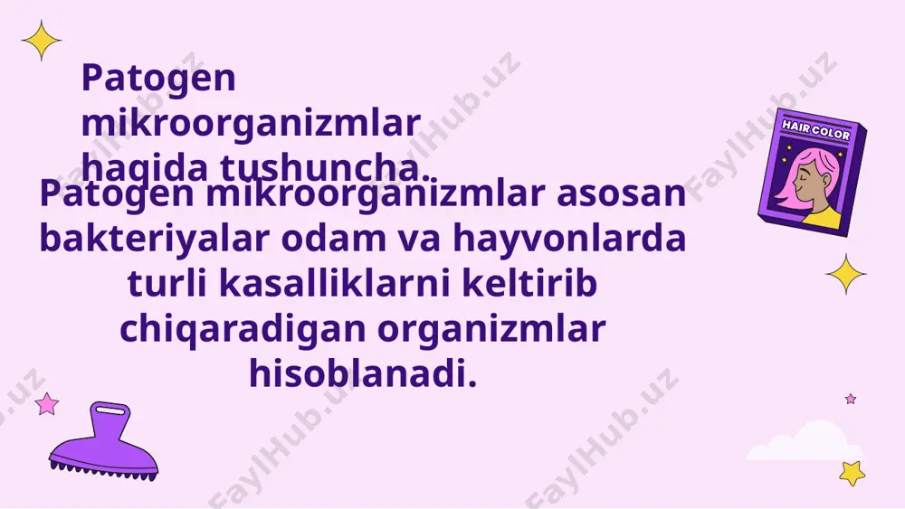 kimyo, fizika va boshqa fanlar yutuklaridan foydalanadi. fitopatogen bakteriyalar bularning turlari juda kòp bòlib òsimliklarda turli kasalliklarni keltirib chiqaradi.masalan:buĝdoyda –qorakuya.bu aqsh,kanada, rossiyaning yevropa qismida keng tarqalgan.qorakuya buĝdoydoshlar oilasining barcha vakillarining don qismini zaralaydi. fitobatsillalar-bular ham turli tuman bo’lib o’simliklarda kassalik qo’zgatadi. bac.mesenterius makkajòxori so’tasida bakterioz kasalligini keltirib chiqaradi. hatton o’rik, shaftoli kabi mevali o’simliklarni ham zaralaydi.bu kasallik birinchi marta armanistonda aniqlangan. bu kasallikda o’simlik bargi qurib parchalanishi ketadi. shartli patogen mikroorganizlar qòĝatadigan toksikoinfeksiyalar odam terisi,ichagi nafas yòllarida yashaydi.ular organizmning normal fiziologik sharoitda mavjud boladi,lekin organizm kuchsizlanganda kasallikni qòzĝatishi mumkin. shining uchun ular shartli patogen deyiladi.aytim shartli patogenlar endotoksin ishlab chiqaradi.ushbu mikoroorganizmlar keltirib chiqaradigan kasalliklarga salmonelloz,botulizm kabilarni misol qilib kelrirish mumkin. e’tiboringiz uchun raxmat 😊 image1.jpeg image2.jpeg image3.jpeg image4.jpeg image5.jpeg image6.jpeg image7.jpeg image8.jpeg image9.jpeg