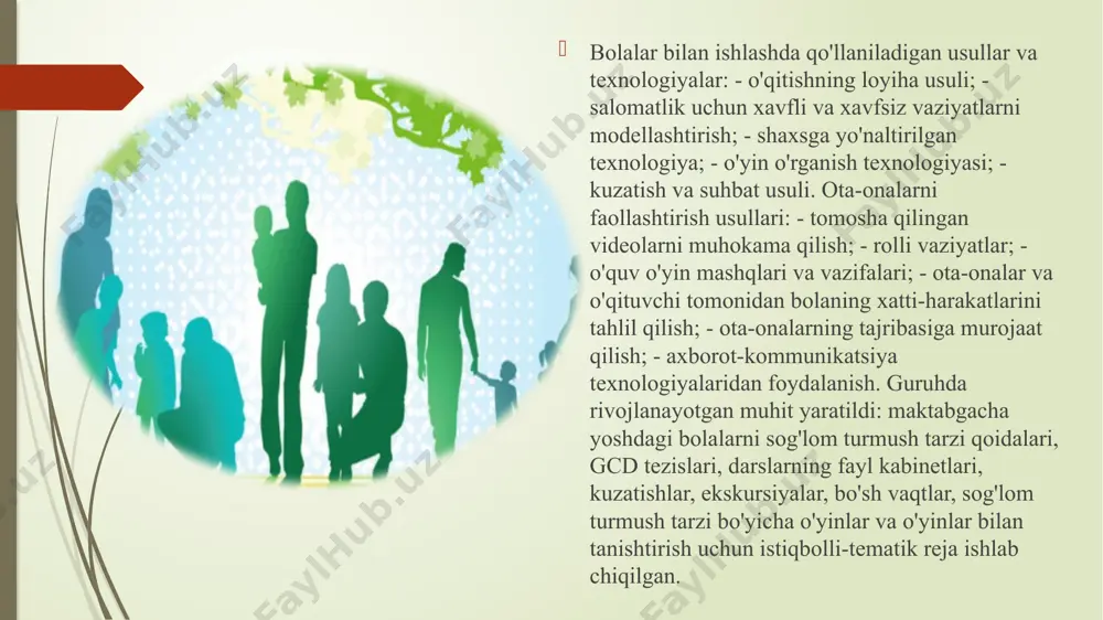 tayyorlashda ota-onaning kuchlari, asosan, o'qish jarayoni bilan bevosita bog’liq, malaka va ko'nikmalarga yo'naltiriladi ular birinchidan bolani diqqatini bir joyga jalb qilishni o'rganish kerakligi, ikkinchidan-uning bilimlarini to'ldinb, xotira, tafakkur va nutqini rivojlantirish kerakligi, uchinchidan — maktabga bo'lgan qiziqishini o'stirib borish kerakligini ta'kidlab aytishadi ba'zilar bolalarning irodaviy sifatlarini rag’batlantirish va mustahkamlash kerak deb hisoblashadi, ular bolaning qobiliyatli va tirishqoq bo'lishiga harakat qilishadi hamda bolada intizomni, harakatchanlikni shaklantirish, ya'ni uning butun xulqini shaklanirish, qo'l amaliyotini rivojlantirish ham alohida bir qism bo'lib kiritilgan. oila va ta’lim muassasasi o‘rtasidagi hamkorlikni to‘g‘ri tashkil qilinishida quyidagilar nazarda tutilishi lozim oila va ta‟lim muassasasi o‟rtasidagi hamkorlikni to‟g‟ri tashkil qilinishida quyidagilar nazarda tutilishi lozim:  hamkorlik oila imkoniyatlarini kompleks o'rganish, asosida qurilishi kerak;  oila ta'lim salohiyatining mavjud darajasini hisobga olgan holda, faoliyat jarayonida rivojlanishni rag'batlantirish, o'zaro hamkorlikning yangi shakllarini qo'llash lozim;  ota-onalarning pedagogik vakolatlarini shakllantirishning asosi kattalar ta'lim faoliyatining o'ziga xos xususiyatlarini to'liq hisobga olish ekanligini unutmasligimiz …
