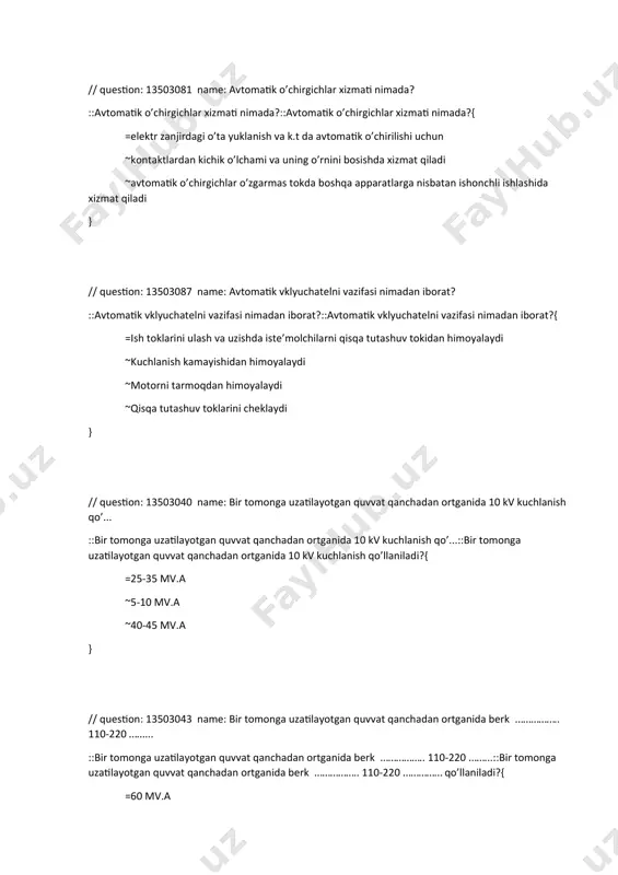 bir tomonga uzatilayotgan quvvat qanchadan ortganida berk …………….. 110-220 ……... ::bir tomonga uzatilayotgan quvvat qanchadan ortganida berk …………….. 110-220 ……...::bir tomonga uzatilayotgan quvvat qanchadan ortganida berk …………….. 110-220 …………… qo’llaniladi?{ =60 mv.a ~40-50 mv.a ~140-150 mv.a } // question: 13503042 name: bir tomonga uzatilayotgan quvvat qanchadan ortiq bo’lganida 35 kv qo’llaniladi? ::bir tomonga uzatilayotgan quvvat qanchadan ortiq bo’lganida 35 kv qo’llaniladi?::bir tomonga uzatilayotgan quvvat qanchadan ortiq bo’lganida 35 kv qo’llaniladi?{ =35 mv.a ~25-30 mv.a ~10-20 mv.a } // question: 13503041 name: bir tomonga uzatilayotgan quvvat qanchadan ortiq bo’lganida 6 kv kuchlanish ... ::bir tomonga uzatilayotgan quvvat qanchadan ortiq bo’lganida 6 kv kuchlanish ...::bir tomonga uzatilayotgan quvvat qanchadan ortiq bo’lganida 6 kv kuchlanish qo’llaniladi?{ =15-20 mv.a ~5-10 mv.a ~1-5 mv.a } // question: 13503094 name: elektr magnitli yuritma va prujinali yuritmalarning farq afzalliklari? ::elektr magnitli yuritma va prujinali yuritmalarning farq afzalliklari?::elektr magnitli yuritma va prujinali yuritmalarning farq afzalliklari?{ =ikkala yuritma ham …