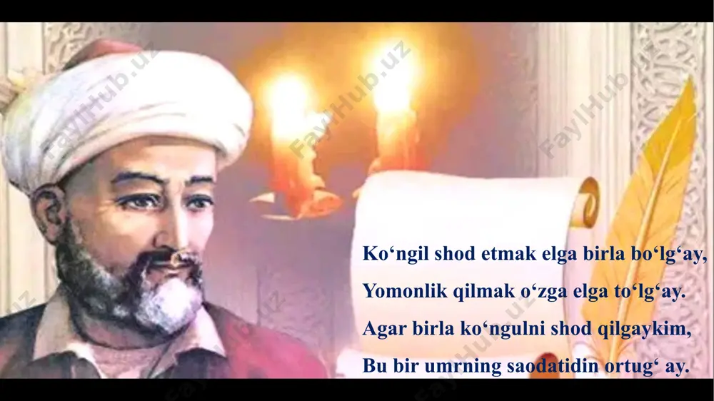 msa" bo‘lib, u besh dostonni o‘z ichiga oladi: hayrat ul-abror, farhod va shirin, layli va majnun, sab’ai sayyor, saddi iskandariy. bu asarlar orqali navoiy turkiy tilda ham mukammal epik asarlar yozish mumkinligini ko‘rsatgan. 2. navoiy asarlarida adabiy tilning shakllanishi va rivoji alisher navoiy o‘z asarlari orqali o‘zbek adabiy tilining shakllanishi va rivojida muhim o‘rin egallagan. u turkiy (eski o‘zbek) tilning imkoniyatlarini chuqur o‘rgangan va bu tilning ham fors-tojik tilidek boy va ifodali bo‘lishini amalda isbotlab bergan. navoiydan oldin ham turkiy tilda ijod qilgan shoirlar bo‘lgan bo‘lsa-da, aynan navoiy ijodida bu til yuksak adabiy darajaga ko‘tarildi. uning she’riyati leksik, grammatik va uslubiy jihatdan nihoyatda boy. navoiy asarlarida xalq tiliga xos iboralar, maqollar, so‘z o‘yinlari, sifatlash va tashbehlar keng qo‘llanilgan. bu holat o‘zbek tilining badiiy imkoniyatlarini ochib bergan. u ko‘pincha sinonimlardan, poetik tasvirlardan va badiiy san’at vositalaridan mohirlik bilan foydalangan. navoiy turkiy tilni adabiy til sifatida mustahkamlash uchun nazariy asos xulosa alisher …