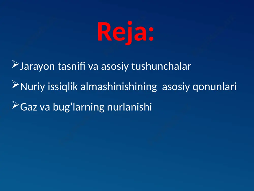 i jismga yutiladi, qr qismi undan qaytariladi , qolgan qd qismi esa jismdan o‘tib ketadi ya’ni q = qa + qr+ qd bu tenglikni ikkala qismini q ga bo‘lsak ni olamiz va bu nisbatlarni mos ravishda a, r, va d deb belgilasak, quyidagilarni olamiz . q = qa + qr+ qd bu tenglikni ikkala qismini q ga bo‘lsak ni olamiz va bu nisbatlarni mos ravishda a, r, va d deb belgilasak, quyidagilarni olamiz . yutilish koeffitsienti , - qaytarish koeffitsienti, - o‘tkazish koeffitsienti. bularni ehtiborga olib, tenglikni shunday yozamiz. a+r+d =1 ushbu tenglik nurlanish energiyasi issiqlik balansining tenglamasi deyiladi. agar a=1 bo‘lsa r =d = 0 bo‘ladi, ya’ni, jism ketayotgan nurni hammasini yutadi. bunday jism absolyut qora jism deyiladi. masalan qora qurum uchun a = 09 ..... 096 qor va muz uchun a = 096 ....098. agar r=1 bo‘lsa a=d =0 bo‘ladi ya’ni,jism hamma nurni o‘zidan kaytaradi. bunday jism absolyuk …