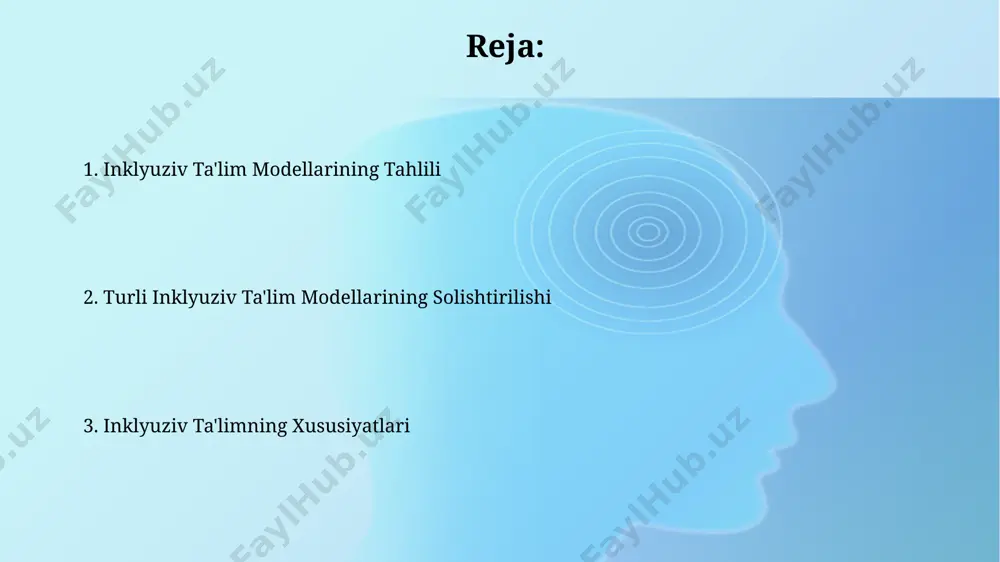 individual ehtiyojlariga moslashtirilgan maxsus jihozlar va zonalar, masalan, sensorli ekranlar yoki jimgina ish joylari uchun ajratish tavsiya etiladi. o'quvchilarning mobilligi va mustaqil harakatlanishi uchun inklyuziv sinf xonalarida eng kamida 2 ta keng kirish yo'li va minimal darajada to'siqlar bo'lishi kerak. inklyuziv ta'lim modellarining turlari inklyuziv ta'lim modellarining samaradorligini baholashda, kamida 3 ta asosiy ko'rsatkich: o'quvchilarning akademik yutuqlari, ijtimoiy moslashuvi va o'ziga bo'lgan ishonchi hisobga olinadi. differensiatsiyalashgan o'qitish, moslashtirilgan o'quv dasturlari va qo'llab-quvvatlash xizmatlarining 5 turi inklyuziv ta'limning muvaffaqiyatli amalga oshirilishi uchun muhim ahamiyatga ega. integratsiya modeli integratsiya modeli, o'quvchilarning 80% gacha umumiy sinflarda o'qitishni nazarda tutib, kamida 20% qo'shimcha qo'llab-quvvatlash xizmatlarini ta'minlaydi. integratsiya muvaffaqiyatining asosiy ko'rsatkichlaridan biri, o'quvchilarning 75% dan ortig'ining o'zlashtirish darajasi va ijtimoiy moslashuv darajasidir. o'quvchilarning muvaffaqiyatini baholash o'quvchilarning muvaffaqiyatini baholashda kamida 3 xil baholash usulini (masalan, kuzatish, portfolio, test) qo'llash ob'ektiv natijalar olish va har bir o'quvchining imkoniyatlarini aniqlashga yordam beradi. o'quvchilarning yutuqlarini baholashda 40% sinf ishlari, …