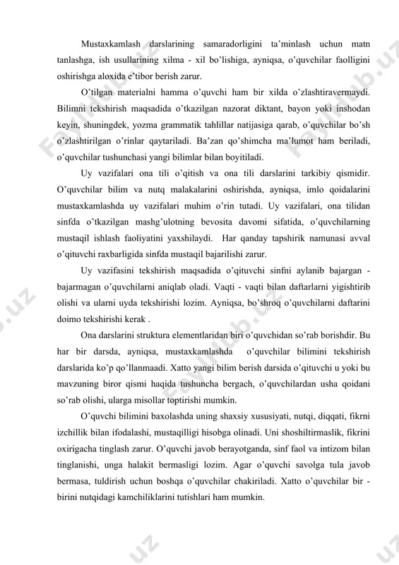 gi kаmchiliklаrini tutishlаri hаm mumkin. o’quvchidаn yaхshi jаvоb оlish uchun sаvоlning o’zi аniq, mаntikаn to’g’ri vа utilgаn mаvzugа mоs tuzilishi shаrt. аdаbiyotlаr: 1. i. kаrimоv. o’zbеkistоn -kеlаjаgi buyuk dаvlаt. t.1997. 2. х. rustаmоv o’zbеk tili o’qitish mеtоdikаsi. t.1975. 3. о.rоziqоv . dаrs vа uning tiplаri. t. 1971. 4. bаhо mе’yorlаri. 1987. 5. оnа tili o’qituvchilаrining tаjribаsidаn.to’plаm 1997.