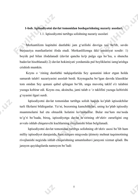 radigan inflyatsiya va bandlilik darajasi ustidan nazorat qilish hamda iqtisodiy o’sishni rag’batlantirish. bozor xo’jaligi sharoitida iqtisodiyotni davlat tomonidan tartibga solish qonunchilik, ijro etish va nazorat qilish xususiyatidagi tadbirlar tizimidan iborat bo’ladi. davlat bozor iqtisoiyotini samarali amal qilishining shart-sharoiti hisoblangan huquqiy asosni ta‘minlash vazifalarini o’z zimmasiga oladi. buning uchun xususiy korxonalarning huquqiy mavqeini mustahkamlash; xususiy mulkchilik huquqini ta‘minlash va shartnomalarga amal qilishni kafolatlash; korxonalar, resurslarni yetkazib beruvchilar va iste‘molchilar o’rtasidagi munosabatlarni tartibga soluvchi qonuniy bitimlarni ishlab chiqish va boshqalar. davlat ijtimoiy muhitni ta‘minlaydi, ya‘ni ichki muhitni tartibga soladi, daromadlar tengsizlikini kamaytiradi, yordamga muhtojlarga yordam beradi, iqtisodiyotda to’liq bandlikni ta‘minlash uchun umumiy sarflar, ya‘ni xususiy va davlat sarflarining hajmi yetarli bo’lmasa, davlat bir tomondan ijtimoiy ne‘matlar va xizmatlarga o’z xarajatlarini ko’paytiradi, xususiy sektorning sarflarini rag’batlantirish maqsadida soliqlarni qisqartiradi. 1.2. davlat iqtisodiyotni tartibga solishning byudjet soliq siyosati va pul kredit vositalari davlat ijtimoiy muhitni ta‘minlaydi, ya‘ni ichki muhitni tartibga soladi, daromadlar tengsizlikini kamaytiradi, …