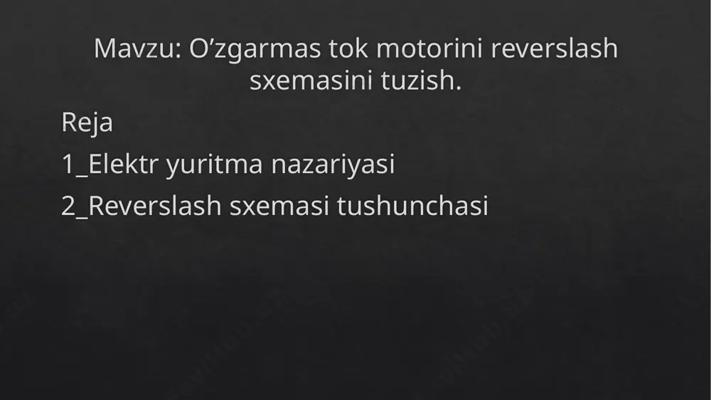 ) bogianishni ko‘rish qulay bo‘lib, bu yerda: i - yakor (rotor) toki. dvigatelning bunday tavsifi elektromexanik tavsif deb ataladi. qiyalik koeffitsiyenti /? bilan tavsiflanadigan yuklama momenti tezlik o‘zgarishiga ko‘ra mexanik tavsiflari quyidagi to‘rt guruhga bo‘linadi: absolut qattiq tavsiflar (2.1-rasm, a dagi 1 tavsif) mos ravishda aylanma va ilgarilanma harakat uchun: p - ôco/sm —►0; j3= ôv/ôf —*■ 0, (2.1 ) bu yerda: ôco = aco/conom; 8m= am/m„om. sinxron dvigatellar absolut qattiq tavsifga ega bo‘ladi. bundan tashqari agar elektr dvigatel avtomatik boshqarish tizimining obyekti sifatida ishlatilsa, u holda o‘rnatilgan rejimda, bu dvigatel uchun absolut oo =f (m) mexanik tavsifmi olish mumkin. qattiq m exanik tavsif (2.1-rasm, a dagi 2 tavsif). bu tavsifga ega bçmgan yuritmalarda p 1-10% atrofida o‘zgaradi. bu guruhga mustaqil qo‘zg‘atish chulg‘amli o‘zgarmas tok dvigatellari, kollektorli mashinalar va ventilli dvigatellar kiradi. yumshoq m exanik tavsifga (2.1-rasm, a dagi 3 tavsif) tavsif qiyaligi 10% dan ko‘p bo‘lgan dvigatellar ega bo‘ladi. …