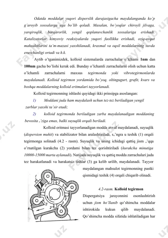 rida yoruvchi effekt hosil bo’lib, ular sirt energiyasni kamaytirib, qattiq jismning yemirilishini osonlashtiradi, bu yerda: f - sirtning erkin energiyasi, σ - sirt taranglik koeffitsiyenti, ∆s - fazalararo sirt kattaligining o’zgarishi. 4.3-rasm. jism mustahkamligining adsorbsion ravishda kamayishi (rebinder effekti). mexanik dispergatsiya jarayonida qattiq jism mustahkamligini qo’shimcha moddalar yordamida kamayishi “rebinder effekti”, yoki mustahkamlikning adsorbsion kamayishi deyiladi. dispergаtsiya jаrаyonini tezlаtish vа dispers sistemаlаrni bаrqаrorligini yanаdа oshirish uchun sfm vа elektrolitlаr qо’shilаdi. аdsorbsiya hаrаkаtlаnish mexаnizmidа zаrrаchаlаr orаsidа borаdi. dispers sistemalarni olishning elektrik usulini1898 yilda georg bredig taklif etgan. kolloid eritmasi olinishi kerak bo’lgan metalldan yasalgan sim dispersion muhitga tushirilib, ularning biri elektr manbaining musbat qutbiga, ikkinchisi esa manfiy qutbiga ulanadi; simlar bir-biriga tegizib elektr yoyi hosil qilinadi, sungra ular bir-biridan biroz uzoqlashtiriladi. shu vaqtda metall erituvchi ichida changlana boshlaydi, barqaror zol hosil bo’lish uchun ozgina ishqor qo’shiladi. bu usulda asosan asl metallarning zollari olinadi. 4.4-rasm. metallarning elektr yordami bilan changlatib, kolloid eritma …