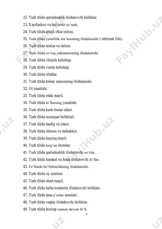ilida hafta kunlarini ifodalovchi birliklar. 47. turk tilida tana a‟zolar nomlari. 48. turk tilida vaqtni ifodalovchi birliklar. 49. turk tilida hozirgi zamon davom fe‟li. 3 50. turk tilida umumzamon. 51. turk tilida ma‟nodoshlikning ifodalanishi. 52. turk tilida zid ma‟nolilikning ifodalanishi. 53. turk tilida gap va uning turlari. 54. turk tilida gap bo„laklari. 55. turk tilida eganing ifodalanishi. 56. turk tilida kesimning ifodalanishi. 57. turk tilida ikkinchi darajali bo„laklarning ifodalanishi. 58. turk tilida uslub masalalari. tarjima va tahlil uchun matnlar 1. -o bir bankada mı çalışıyor? -hayır, o bir bankada çalışmıyor. -onlar i̇talya‟ya gidiyorlar mı? -hayır, gitmiyorlar. -sen şu anda ne yapıyorsun? -şu an seninle konuşuyorum. -senin baban nerede çalışıyor? -üniversitede çalışıyor. -sen neden ağlıyorsun? -az önce düştüm, onun için ağlıyorum. -o arabayı kim sürüyor? - amcam sürüyor. -sen 3. sınıfta okumuyor musun? -hayır, ben 2. sınıfta okuyorum. 2. benim adım sabri. ben bir öğrenciyim. her sabah okula gidiyorum. okulda çok …