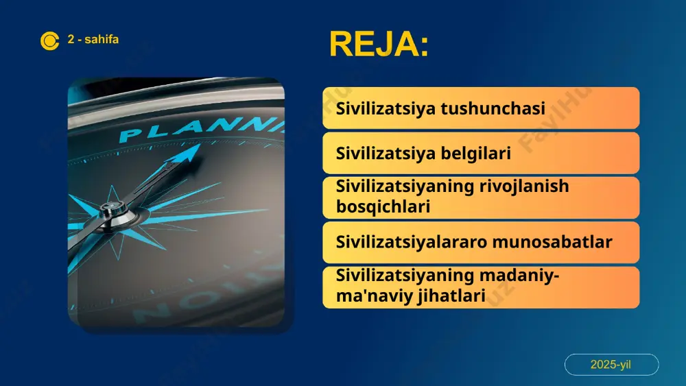 y sivilizatsiyalar majmuini ifodalaydi. sivilizatsiyaning kelib chiqishi qishloq xo'jaligining rivojlanishi, aholi zichligi oshishi va ijtimoiy ierarxiyaning paydo bo'lishi bilan bog'liq. dastlabki sivilizatsiyalar mezopotamiya, misr, indus vodiysi va xitoy kabi hududlarda paydo bo'lgan bo'lib, ular o'ziga xos madaniyat, yozuv tizimi va shaharlarni yaratganlar. sivilizatsiyaning rivojlanish bosqichlari sivilizatsiya – insoniyat jamiyatining yuqori rivojlanish darajasini, murakkab ijtimoiy tuzilmalarni, madaniyat va texnologiyalarni o'z ichiga olgan murakkab tizim. uning asosiy belgilariga shaharlarning paydo bo'lishi, yozuv, davlat tuzilmalari, qishloq xo'jaligining rivojlanishi kiradi. har bir sivilizatsiya o'ziga xos xususiyatlarga ega. jahon sivilizatsiyasi – turli mintaqalarda paydo bo'lgan va o'zaro ta'sirlashgan sivilizatsiyalarni o'z ichiga olgan umumiy jarayon. u tarix davomida o'zgaruvchan bo'lib, ba'zi sivilizatsiyalar gullab-yashnashi, boshqalari esa yo'qolib ketishi mumkin. uning rivojlanishida urushlar, savdo, madaniy almashinuv katta rol o'ynaydi. sivilizatsiyaning rivojlanish bosqichlari odatda, qadimgi jamiyatlardan, o'rta asrlarga, keyin esa yangi davr va zamonaviy davrga bo'linadi. har bir bosqich o'ziga xos texnologiyalar, ijtimoiy tuzilmalar va madaniy qadriyatlar bilan ajralib …