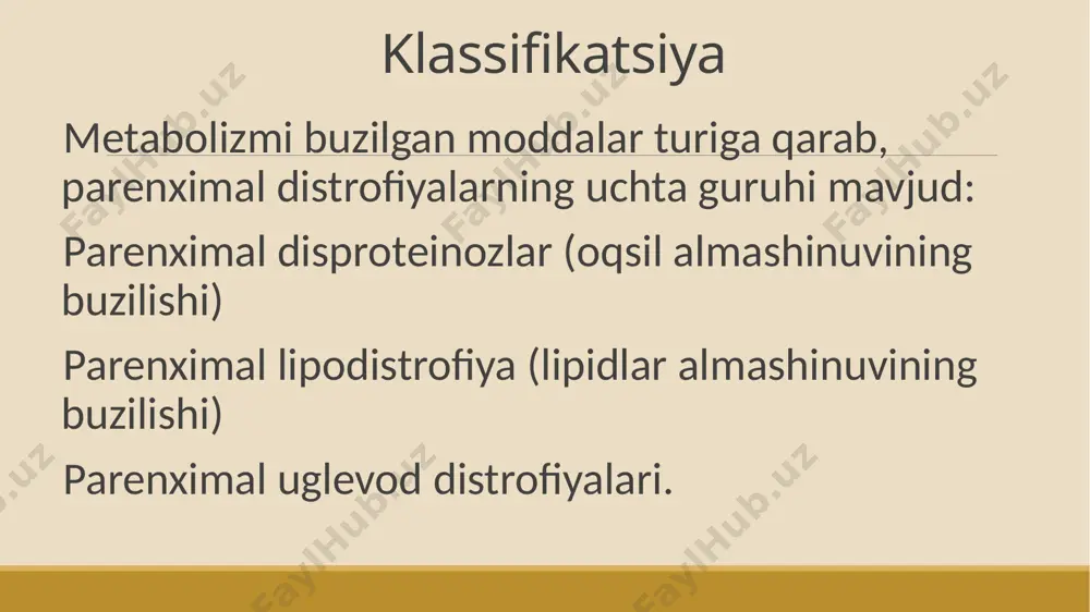hliqlari kengaygan, oʼlchamlari kattalashgan. endokard tomondan soʼrgʼichsimon mushaklarda och-sariq chiziqchalar paydo boʼlgan, nomi «yoʼlbars yuragi». mikro – venalar atrofidagi kardiomiotsitlar sitoplazmasida yogʼ tomchilari paydo boʼlgan. uglevodlar almashinuvini buzilishi. uglevodlar: 1. polisaxaridlarga (asosan glikogen) 2. mukopolisaxaridlarga 3. glyukoproteidlarga bulinadi. ularni almashinuvini buzilishlari – gipo-giperglikemiya, glikogenozlar, aglikogenezlar, geksoz-, pentozemiya, pentozouriyalar va b. bilan namoyon buladi. giperglikemiyaning asosiy sabablari: 1.endokrinopatiyalar(gipoinsulinizm, «giperglikemiyalovchi gormonlarni» kupligi) 2.neyro- va psixogen buzilishlar(stress-reaktsiya, kauzalgiya, ruxiy zurikish) 3.xaddan tashkari ovkatlanish 4.jigarni patologiyalari(glikogenolizni faollashuvi, glikogenezni kamayishi) гликогенозларни типлари ферментлар етишмовчилиги ва нуксонлари гликоген тузилишини гликоген тупланадиган жой 1-тип (гирке касаллиги) глюкоза-6-фосфатаза бузилмайди жигар, буйрак, миокардда, бош мия 2-тип (помпе касаллиги) а-1,4-глюкозидаза бузилмайди силлик ва кундаланг таргил мушаклар, миокард 3-тип (кори касаллиги) амило-1,6-глюкозидаза бузилади жигар, мушаклар, юрак 4-тип (андерсен касаллиги) l-1,4-глюкано-a-глюкозил-трансферазалар бузилади жигар, талок, лимфа тугунлари 5-тип (мак ардля касаллиги) миоцитларни гликогенфосфорилазалари бузилмайди скелет мускуллар 6-тип (гироа касаллиги) гепатоцитларни гликогенфосфорилазаларини бузилмайди жигар 7-тип (томпосна касаллиги) фосфогликомутазалар бузилмайди жигар 8-тип (таруа касаллиги) фосфофруктомутазалар …