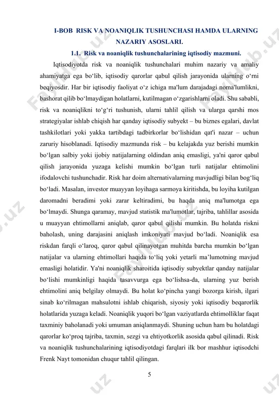 ng mavjudligidan dalolat beradi. yoki eksport-import faoliyatida mamlakatlar o‘rtasidagi siyosiy munosabatlar, valyuta kurslarining o‘zgarishi, bojxona tartiblaridagi o‘zgarishlar ham noaniqlik manbai bo‘lishi mumkin. bozor iqtisodiyoti sharoitida riskni boshqarish, uning salbiy ta’sirlarini kamaytirish va noaniqlikni tahlil qilish – iqtisodiy barqarorlikka erishish yo‘lida muhim ahamiyat kasb etadi. xususan, bank tizimi, sug‘urta sohasi, investitsion faoliyat, xalqaro savdo va boshqa iqtisodiy sohalarda risk va noaniqlikni boshqarish usullari alohida ilmiy-amaliy yo‘nalish sifatida shakllangan. ular orqali iqtisodiy faoliyatdagi ehtimollar, noma’lumliklar va xavf-xatarlar tahlil qilinadi, boshqariladi va zaruriy choralar ko‘riladi. iqtisodiy subyektlar muvaffaqiyatga erishish uchun risk va noaniqlikni to‘g‘ri baholashi, unga mos harakat strategiyasini ishlab chiqishi kerak. bu esa o‘z navbatida raqobatbardoshlikni ta’minlaydi, iqtisodiy samaradorlikni oshiradi va barqaror rivojlanish uchun asos bo‘lib xizmat qiladi. risk va noaniqlik tushunchalari iqtisodiy jarayonlarda faqat nazariy emas, balki real amaliy muammolar bilan chambarchas bog‘liqdir. bozor iqtisodiyoti sharoitida har bir qaror ma’lum bir darajada noma’lumlikni o‘z ichiga oladi. bunday holatda tadbirkorlik faoliyatining samaradorligi …