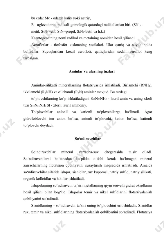 tatsiyalanuvchi komponentning boyitmaga ajralish darajasi va boyitmaning sifatini belgilaydi. olib borilgan tajribalar shuni ko‘rsatadiki, flotatsiya vaqtining ma’lum bir chegarasi (optimum) bo‘lib, flotatsiya vaqtining optimumdan oshishi iqtisodiy jihatdan maqsadga muvofiq emas, chunki qimmatbaho komponentning boyitmaga ajralishining sezilarsiz darajada ortishi flotatsiya vaqtining ancha uzayishi, boyitma sifatining yomonlashishi va flotatsion mashina ishlab chiqarish unumdorligining kamayishi hisobiga sodir bo‘ladi. bo‘tananing aeratsiyalanish darajasi flotatsiya vaqti va boyitishning texnologik ko‘rsatkichlariga ta’sir qiladi. bo‘tananing aeratsiyalanish darajasi ortishi bilan flotatsiya vaqti kamayadi. biroq, bo‘tanani havo bilan haddan tashqari to‘yintirish ularni qo‘shilishini ko‘paytiradi. nisbatan yirik pufakchalar katta tezlikda qalqib chiqib, ulardan mineral zarrachalarning ajralish ehtimolini oshiradi. bo‘tanada mineral zarrachalarni yuqoriga ko‘tarish uchun nisbatan yirik zarrachalar (d = 1mm) ning ham, va mineral zarracha yuzasini faollashtiruvchi mayda pufakchalarning ham bo‘lishi kerak. flotatsiyaning samarali ketishiga flotatsion mashinaning ishlash sharoiti ham ta’sir qiladi. mashinaga tushayotgan bo‘tananing hajmi va undagi qattiq zarrachalarning massa ulushi (zichligi) doimiy bo‘lishi kerak. flotatsion mashinani haddan tashqari yuklash …