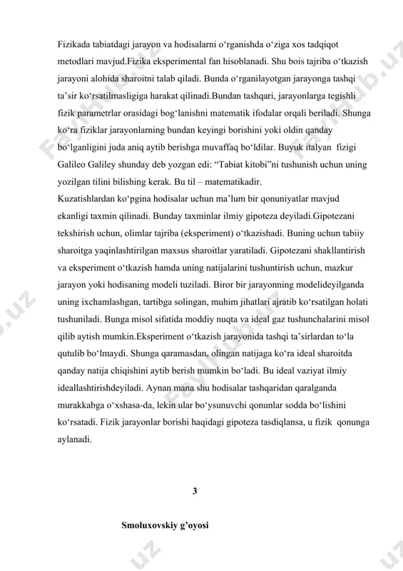 juda intensiv, ba‘zi hollarda juda zaif sochilishini bildiradi. bir jinslimasliklar tufayli bo’ladigan difraksiya yorug’likning diffuziyasi yoki sochilishi deyiladi. demak, muhitning bir jinsliligini buzish uchun sindirish ko’rsatkichini doimiyligini buzish kerak. sindirish ko’rsatkichi n esa muhitning dielektrik singdiruvchanligiga 4 munosabat orqali bog’langan. muxitning qutblanishi, ya‘ni muhitning birlik hajmining tashqi e maydon ta‘siri ostida oladigan elektr momenti p=np ga teng, bu yerda n – birlik hajmdagi molekulalar soni, p – bu har bir molekulaning elektr momenti. bu moment kattaligi tashqi elektr maydon kuchlanganligiga to’g’ri proporsional. bunda a qutblanuvchanlik koeffitsiyenti deb atalib, molekulaning tuzilishini xarakterlaydi. birlik hajm uchun yozsak: elektrostatikadan ma‘lumki sindirish ko’rsatkichining o’zgarmas bo’lishi chiziqli o’lchamlari to’lqin uzunligiga nisbatan uncha kichik bo’lmagan teng hajmlar uchun ko’paytma muhitning turli joylarida bir xil bo’lishini bildiradi. agar optik jihatdan bir jinsli bo’lgan muhit mutlaqo bir xil molekulalardan tashkil topgan bo’lsa, u holda n ham o’zgarmas bo’lishi, ya‘ni muhitning zichligi hamma yerda bir xil bo’lishi kerak; agar …