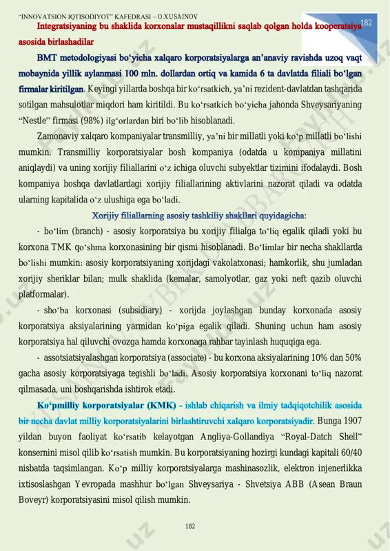 qa davlatlardagi xorijiy filiallarining aktivlarini nazorat qiladi va odatda ularning kapitalida о‘z ulushiga ega bо‘ladi. - bо‘lim (branch) - asosiy korporatsiya bu xorijiy filialga tо‘liq egalik qiladi yoki bu korxona tmk qо‘shma korxonasining bir qismi hisoblanadi. bо‘limlar bir necha shakllarda bо‘lishi mumkin: asosiy korporatsiyaning xorijdagi vakolatxonasi; hamkorlik, shu jumladan xorijiy sheriklar bilan; mulk shaklida (kemalar, samolyotlar, gaz yoki neft qazib oluvchi platformalar). - shо‘ba korxonasi (subsidiary) - xorijda joylashgan bunday korxonada asosiy korporatsiya aksiyalarining yarmidan kо‘piga egalik qiladi. shuning uchun ham asosiy korporatsiya hal qiluvchi ovozga hamda korxonaga rahbar tayinlash huquqiga ega. - assotsiatsiyalashgan korporatsiya (associate) - bu korxona aksiyalarining 10% dan 50% gacha asosiy korporatsiyaga tegishli bо‘ladi. asosiy korporatsiya korxonani tо‘liq nazorat qilmasada, uni boshqarishda ishtirok etadi. bunga 1907 yildan buyon faoliyat kо‘rsatib kelayotgan angliya-gollandiya “royal-datch shell” konsernini misol qilib kо‘rsatish mumkin. bu korporatsiyaning hozirgi kundagi kapitali 60/40 nisbatda taqsimlangan. kо‘p milliy korporatsiyalarga mashinasozlik, elektron injenerlikka ixtisoslashgan yevropada mashhur …