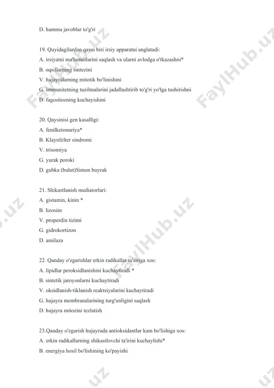oronidaza, tokoferollar, peroksidaza d. glyukoza 31. qaysilari hujayra shinastlanishining mexanizmlari: a. hamma javoblar to'g'ri* b. lipidlarning erkin radikal oksidlanishini kuchayishi v. lizosom fermentlarni tsitoplazmaga chiqishi g. onkogen ekspressiya d. to'g'ri javob yo'q 32. nima hujayraga shikastlovchi ta'sirotlarda moslashish omili bo'lib xisoblanadi: a. hamma javobdar to'g'ri* b. moddalarning mikrosomal oksidlanashini faollashishi v. lizosomal fermentlarning chekli faollashishi g. bufer sistemalarning faollashishi d. anaerob glikoizning faollashishi 33. qaysi omil arterial giperemiyani chaqiradi : a. mahalliy modda almashinuvining maxsulotlari-metabolitlarning: sut kislotasini, karbonat angidridni va x.k. ta'siri* b. og'rik v. adrenalin, vazopressin g. gipotenziya d. haroratning pasayishi 34. giperemiyaning venoz turida boshida mikrosirkulyasiyaning o'zgarishlari uchun xarakterli: a. qon oqimining sekinlashishi* b. qon ni mayatniksimon xarakat qilishi v. qon oqimining tezlashishi g. oqib o'taetgan qonning chizmali bir yo'lidagi tezligini oshishi d. vena tomirlarining torayishi 35. nimalar venoz giperemiyaning bo'lishi mumkin oqibatlari: a. biriktiruvchi to'qimani o'sib ketishi* b. hujayra membranalari o'tkazuvchanligining pasayishi v. to'qima hujayralarida modda almashunivining …