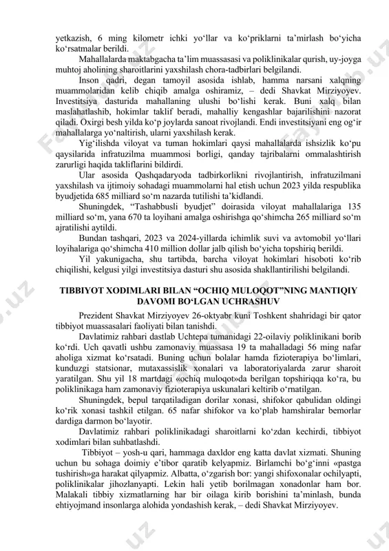imkoniyatlar ko‘p. jumladan, soatiga 1,5 mingta avtomobil qatnoviga ega shahrisabz-kitob yo‘li bo‘yida xizmat ko‘rsatishni tashkil qilish uchun 3 mingta tadbirkorni jalb etsa bo‘ladi. shahrisabzning miraki va kitobning qaynar qishloqlarida turizmni rivojlantirish orqali 10 mingta ish o‘rni yaratish imkoni bor. shuningdek, bo‘sh turgan bino va yer uchastkalaridan samarali foydalanish zarur. viloyatda katta salohiyatga ega yana bir soha – sanoat. bu yo‘nalishda 960 ta loyihani amalga oshirib, 20 ming nafar aholini band qilish mumkinligi ta’kidlandi. xususan, 22 ta noruda konni o‘zlashtirib, talab yuqori bo‘lgan qurilish materiallari ishlab chiqarish imkoni bor. kimyo, neft-gaz, energetika tizimidagi yirik korxonalar bilan sanoat kooperatsiyasini yo‘lga qo‘yib, 65 ta mahalliylashtirish loyihasini amalga oshirish lozim. klasterlar tomonidan taklif etilgan 12 ta loyiha paxtani chuqur qayta ishlash darajasini oshiradi. uchinchi muhim yo‘nalish – qishloq xo‘jaligi. jumladan, 18 ming gektar maydonda suv ta’minotini yaxshilab, qo‘shimcha 90 milliard so‘mlik mahsulot yetishtirish, 66 ming gektarda suv tejovchi texnologiyalarni joriy qilib, 300 million kub …