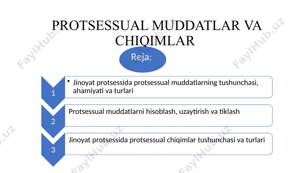 nchasi va turlari protsessual chiqimlar – jinoyat ishlari yurituvini amalga oshirayotgan subyektlar (surishtiruv, dastlabki tergov, sud) va boshqa protsess ishtirokchilarining jinoyat qonuni bilan qo‘riqlanadigan huquqiy munosabatlarni jinoiy buzilishi va uning holatlarini aniqlash bo‘yicha jinoyat-protsessual faoliyatni amalga oshirishga oid hamda jinoyat sodir etishda aybdor deb topilgan shaxsdan va (yoki) jinoyat sud ishida ishtirok etayotgan boshqa shaxslardan, alohida hollarda esa, davlatdan undiriladigan xarajatlari. protsessual chiqimlar: 1) jabrlanuvchilarga va ularning vakillariga, guvohlarga, ekspertlarga, mutaxassislarga, tarjimonlarga, xolislarga ularning protsessual harakatlar o‘tkaziladigan joyga kelib ketish, turar joyni ijaraga olish xarajatlarini qoplash uchun, shuningdek sutkalik xarajat puli tariqasida beriladigan summadan; 2) doimiy ish haqi olmaydigan jabrlanuvchilarga va ularning vakillariga, guvohlarga, xolislarga ularni odatdagi mashg‘ulotidan chalg‘itganlik uchun to‘lanadigan summadan; 3) ekspertlarga, tarjimonlarga, mutaxassislarga ular surishtiruv, dastlabki tergov yoki sudda o‘z vazifalarini bajarganligi uchun to‘lanadigan haqdan, ana shu vazifalar xizmat topshirig‘i tartibida bajarilgan hollar bundan mustasno; 4) o‘zbekiston respublikasi jinoyat-protsessual kodeksining 50-moddasiga muvofiq sudlanuvchi to‘lovdan ozod qilingan taqdirda …