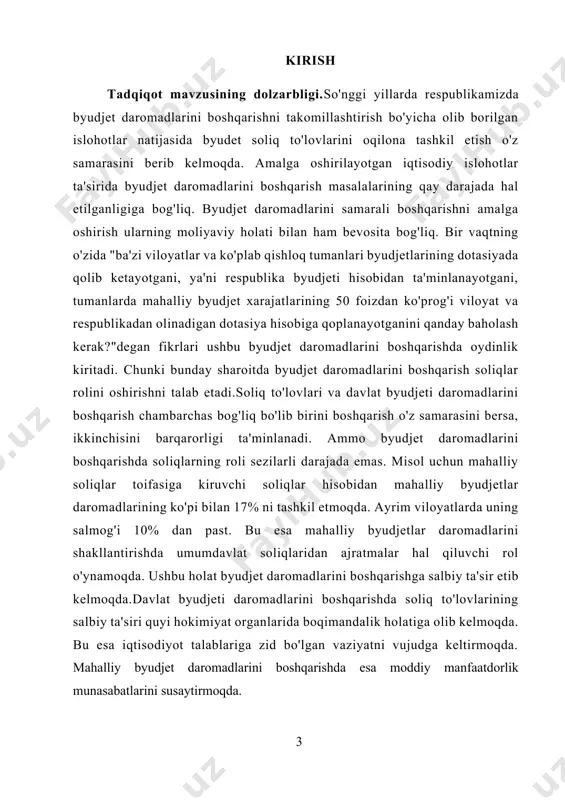 barqarorligini ta'minlash, ularning daromadlarini shakllantirish, byudjet daromad bazalarini kengaytirish masalalari rossiyalik olimlardan a.m.babich, v.vinogradova, e.v.orlova, yu.s.dolganovovoy, n.a.istominoy, n.v.pokrovskaya, g.b.polyak, n.v.salina va o'zbekistonlik olimlardan m.alimardonov, a.vahobov, e.gadoev, sh.gataulin, a.jo'raev, x.jamolov, t.malikov, a.mamanazarov, o.olimjonov, sh.toshmatov, n.haydarov, b.toshmurodova, q.yah'yoev, n.qo'zieva, d.raxmonov, h.kurbonov, s.karimov, b.abibullaev, j.esmurzaev, s.jubaev, a.mamanazarov, a.suvonov, q.tojiboeva, x.qobulov, x.qurbonov, a.xayriddinov, a.islamkulov, u.o'roqov, n.soatovalar tomonidan tadqiq qilingan[footnoteref:1] [1: покровская н.в. налоги в доходах местных бюджетов стран оэср. ж. налоговая политика государства № 3/2014 – с. 33-37.; поляк г.б. бюджетная система россии [электронный ресурс]: учебник для студентов вузов, обучающихся по экономическим специальностям. - 3-е изд., перераб. и доп. – м.: юнити-дана, 2012. – 703 с.; поляк. г.б. налоги и налогообложение: учебник и практикум. -2-е изд., перераб. и доп. – м.: юрайт, 2015. – 474 с.; салина н.в. налоговые доходы местных бюджетов росийской федерации. автор. дисс. на соис. уч. ст. к.э.н. – санкт-петербург: санкт-петербургский государственный университет. 2018. – 21 с.; алимардонов м., тухсанов қ. …