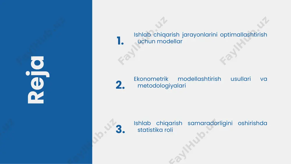 funksionalligini tekshirish uchun sinov ma'lumotlari bilan amalga oshiriladi. natijalarni tahlil qilish va optimallashtirish bosqichida, model natijalari tahlil qilinadi va ishlab chiqarish jarayonini yaxshilash uchun takliflar ishlab chiqiladi. 1 2 3 4 ekonometrik modellarni qo'llash misollari • real hayotda iqtisodiyot, qishloq xo'jaligi va sanoat sohalarida ekonometrik modellar yordamida ishlab chiqarish jarayonlarini optimallashtirishga erishilgan. • masalan, qishloq xo'jaligida hosilni oshirish uchun turli omillar (iqlim, tuproq sifatlari, o'g'itlar) hisobga olindi va natijada ishlab chiqarish samaradorligi 20% ga oshdi. • sanoatda energiya sarfini kamaytirish maqsadida ishlab chiqilgan modellar bilan xarajatlar 15% ga qisqartirildi, bu esa korxonaning raqobatbardoshligini oshirdi. photo by jorge vasconez on unsplash modellashtirish natijalarini tahlil qilish modellashtirish natijalarini baholashda bir nechta usullar mavjud. ushbu usullar orqali modellarni aniqlash va natijalarni tahlil qilish mumkin, bu esa ishlab chiqarish jarayonlarining samaradorligini oshirishga yordam beradi. modelning aniqligi va ishonchliligi ishlab chiqarish jarayonlarida muhim ahamiyatga ega. aniqlik, modelning haqiqiy ma'lumotlarni qanchalik yaxshi aks ettirishi bilan bog'liq …