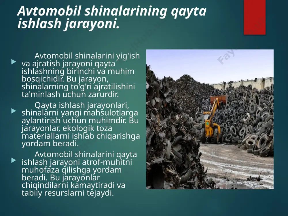 ial hisoblanadi haroratga chidamli shina tarkibidag rezina zichligi 1,1-1,3 g/sm³ shina tarkibidagi metall sim zichligi 7,8 g/sm³ shinalarning umumiy o’rtacha zichligi esa 1,2-1,5 g/sm³ issiqlik o’tkazish koeffisienti 0,13-0,35 w/(m*k*s) siqilishga bo’lgan mustahkamligi 10-20 mpa beton aralashmasida shinalarning roli qayta ishlangan shinalar, beton aralashmasida elastiklikni oshiradi. qayta ishlangan shinalar, beton aralashmasining mustaxkamligini oshiradi. bu, betonning uzoq muddatli foydalanishiga yordam beradi. qayta ishlangan shinalar, beton aralashmasining umumiy sifatini yaxshilaydi. bu, qurilishda muhim ahamiyatga ega. 10x10 namuna tayorlash va sinash. beton astm c192 bo'yicha quyildi [12] tebranish stoli yordamida. ishlabchiqarilgan qattiq aralashmaga qaramay, ajratish kuzatilmadi, chunki uni 2-rasmdakuzatish mumkin. barcha namunalar xona haroratida 28 kun davomida sinaladi. issiqlik o'tkazuvchanlikga sinash to'rtta sinov o'tkazildi: issiqlik o'tkazuvchanligi , suvni singdirish,siqish kuchi va isitish sinovi. isitish sinovi nostandart sinov bo'lib, undabeton 2 xil haroratda, 100 va 200 haroratda issiqlikka ta'sir qiladi oc. harorattermojuftlar yordamida o'lchandi, har bir kub ichida 1 tadan va pechda bittadankub yuzasidagi haroratni …