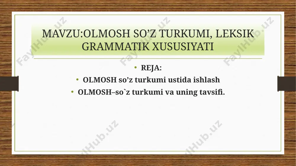 u + im = bunim; o'sha + aqa = o'shanaqa... ko'rsatish olmoshlari tuzilishiga ko'ra 4 xil bo'ladi : 1) sodda ko'rsatish olmoshi : shu , bu , o'sha, ana .... 2) qo'shma ko'rsatish olmoshi : mana bu , ana u, ana shu .... 3) juft ko'rsatish olmoshlari : ul-bul, u-bu... 4) takror ko'rsatish olmoshlari : shu-shu, o'sha-o'sha. e’tiboringiz uchun rahmat! image5.png image6.png image7.jpeg image8.jpeg image3.png image4.png