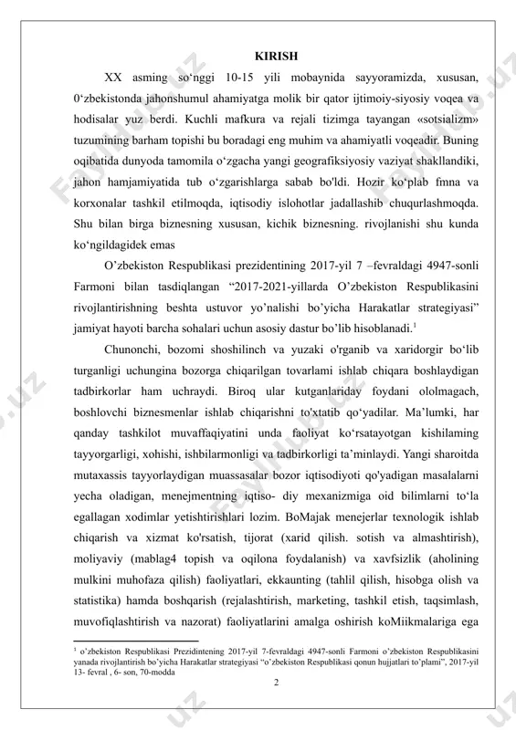 gan muassasalar bozor iqtisodiyoti qo'yadigan masalalarni yecha oladigan, menejmentning iqtiso- diy mexanizmiga oid bilimlarni to‘la egallagan xodimlar yetishtirishlari lozim. bomajak menejerlar texnologik ishlab chiqarish va xizmat ko'rsatish, tijorat (xarid qilish. sotish va almashtirish), moliyaviy (mablag4 topish va oqilona foydalanish) va xavfsizlik (aholining mulkini muhofaza qilish) faoliyatlari, ekkaunting (tahlil qilish, hisobga olish va statistika) hamda boshqarish (rejalashtirish, marketing, tashkil etish, taqsimlash, muvofiqlashtirish va nazorat) faoliyatlarini amalga oshirish komiikmalariga ega bo‘lishi lozim. ma’lumki. «strategik menejment» atamasi o‘tgan asming 60-70-yillarida yuqori pog‘onada amalga oshiriladigan boshqarishni ishlab chiqarish darajasidagi boshqarishdan farqini ifodalash uchun kundalik hayotga kirib keldi. kasbiy faoliyat xo'jalik yuritishning barcha pog‘onalarida boshqarishning qonunlari, tamoyillari, tashkiliy tuzilmalari va munosabatlari to‘gmisida nazariy bilimlar beruvchi juda ko‘p darsliklar yaratilgan. lekin bozor iqtisodiyoti sharoitida faoliyat ko'rsatadigan har bir firmaning ichida o‘ziga xos nuqtayi nazari bor. tashqi muhit ta’siri. ichki bo‘lim va bo‘linmalardagi turli jarayonlar, me’yorlar, yechim qabul qilish, kommunikatsiya boshqaruv apparatiga ta’sir ko'rsatadi. aynan shu kabi …