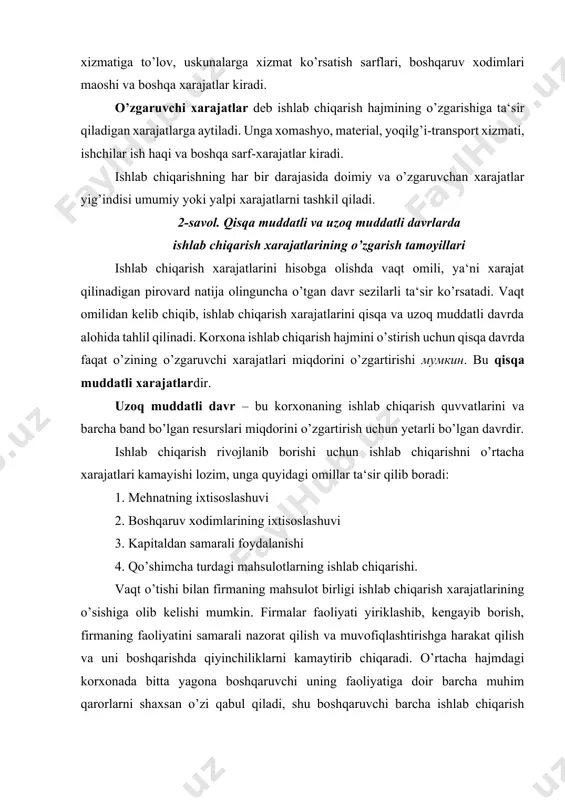 rtacha xarajatlarni oshiradi. boshqacha aytganda, barcha resurslar miqdorining 10 foizga o’sishi ishlab chiqarish hajmining nomuvofiq ravishda, aytaylik 5 foizga o’sishiga olib keladi. ishlab chiqarish miqyosining o’sishidan doimiy ravishda olinuvchi samara ikki holat o’rtasidagi tafovutdan kelib chiqadi. bu ijobiy va salbiy miqyosdir. bu ikkala chegara orasidagi maydonda barcha resurslarning 10 foizga o’sishi ishlab chiqarish hajmining mutanosib ravishda 10 foizga ko’payishiga olib keladi. ishlab chiqarish miqyosining kengayib borishi chuqur ixtisoslashuv tufayli boshqarish bo’yicha mutaxassislar mehnatidan ancha yaxshi foydalanish imkoniyatini beradi. bu samaradorlikning oshishi va mahsulot birligiga ishlab chiqarish harajatlarining kamayishiga imkoniyat yaratib beradi. 3-savol. foydaning mazmuni. foyda normasi va massasi korxona faoliyatiga baho berilganda, eng avvalo mehnat faoliyatining biron bir turiga ixtisoslashgan ishlab chiqarish va xizmat ko’rsatishga sarf qilingan xarajatlar, hosil qilingan daromad va olingan foyda miqdoriga e‘tibor qaratiladi. korxonalarda tovar va xizmatlarni sotishdan olingan mablag’lar hamda ularning pul tushumlari yoki pul daromadlari deyiladi. korxona pul daromadlaridan sarflangan barcha xarajatlar chiqarib tashlangandan …